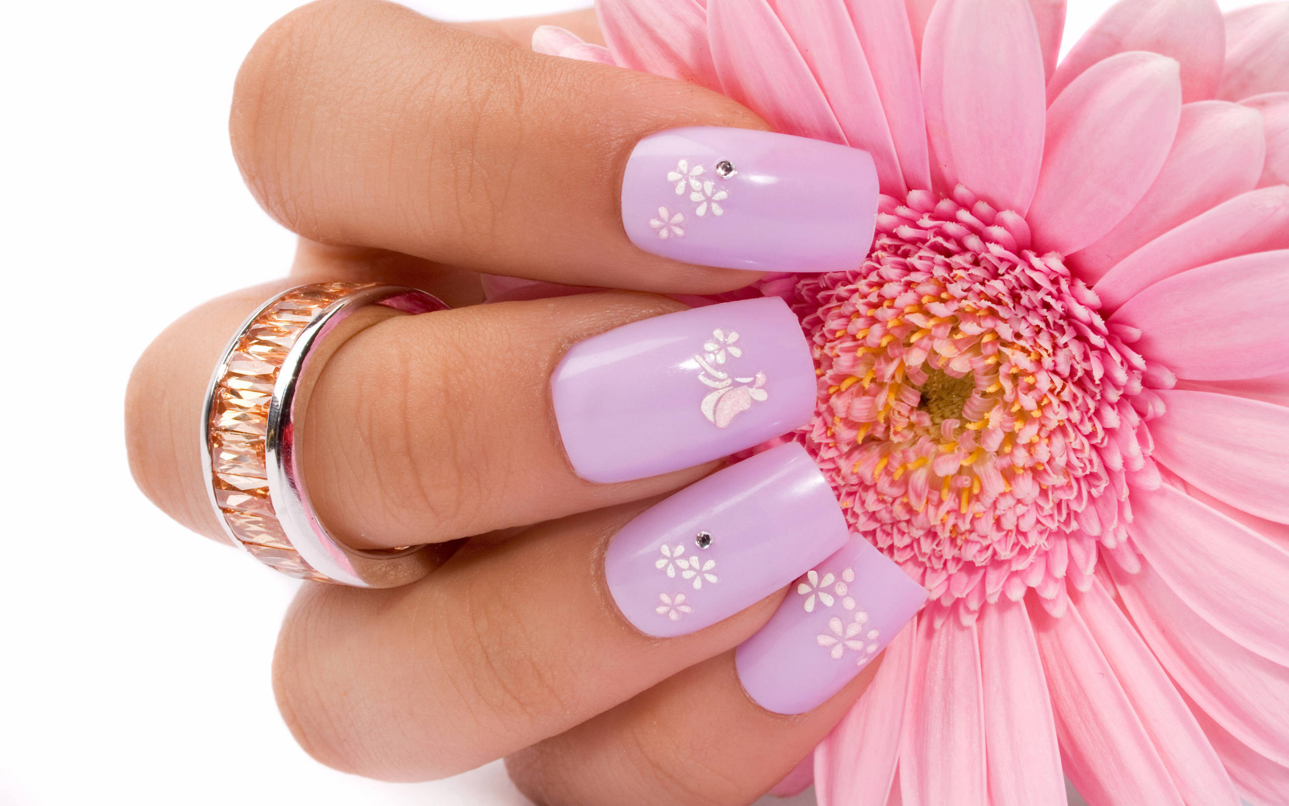 lavender floral nails, vibrant pink gerbera daisy, clean white background, 2K Desktop Wallpaper