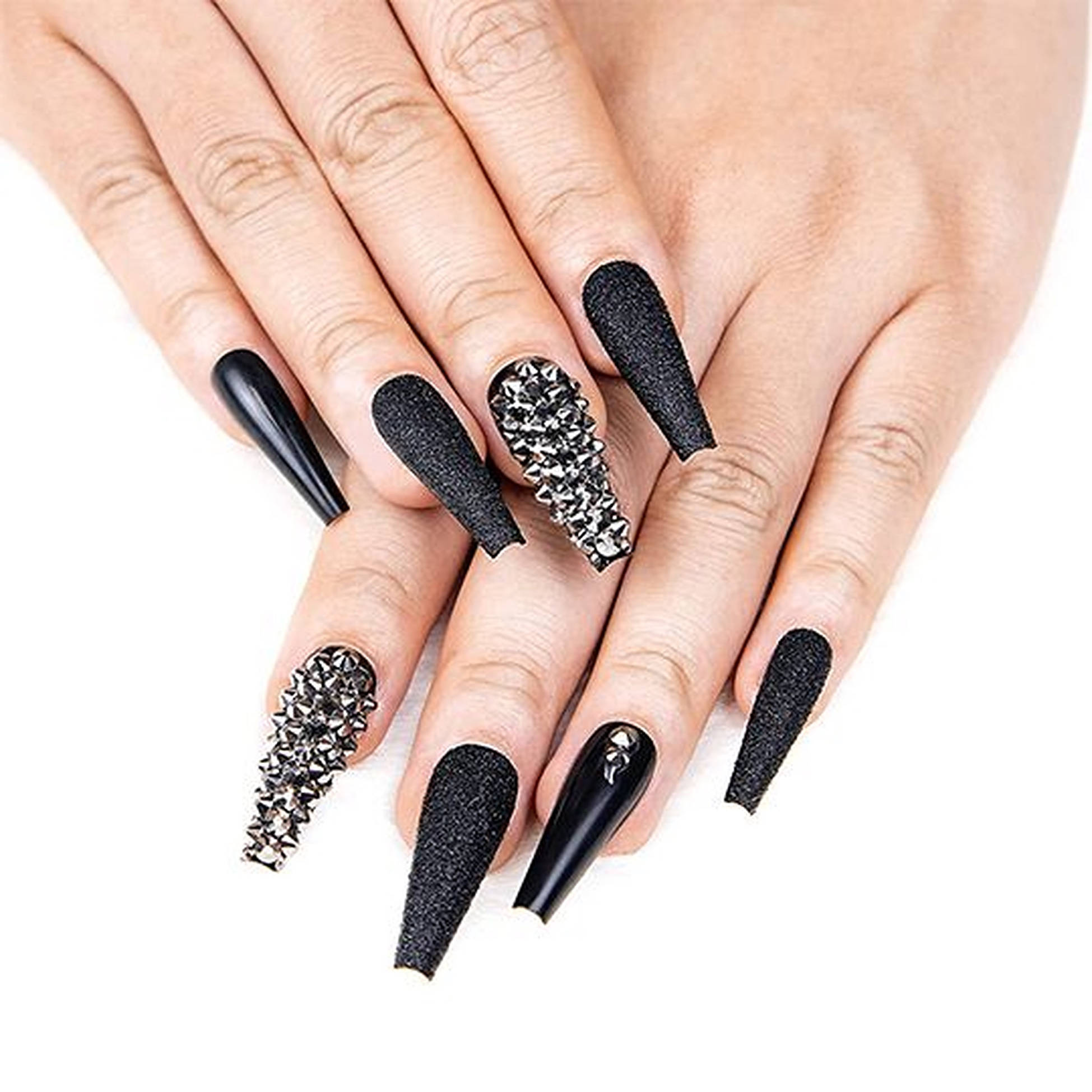 black ballerina nail art, long black stiletto nails, glittery rhinestone accents, Full HD Desktop Wallpaper