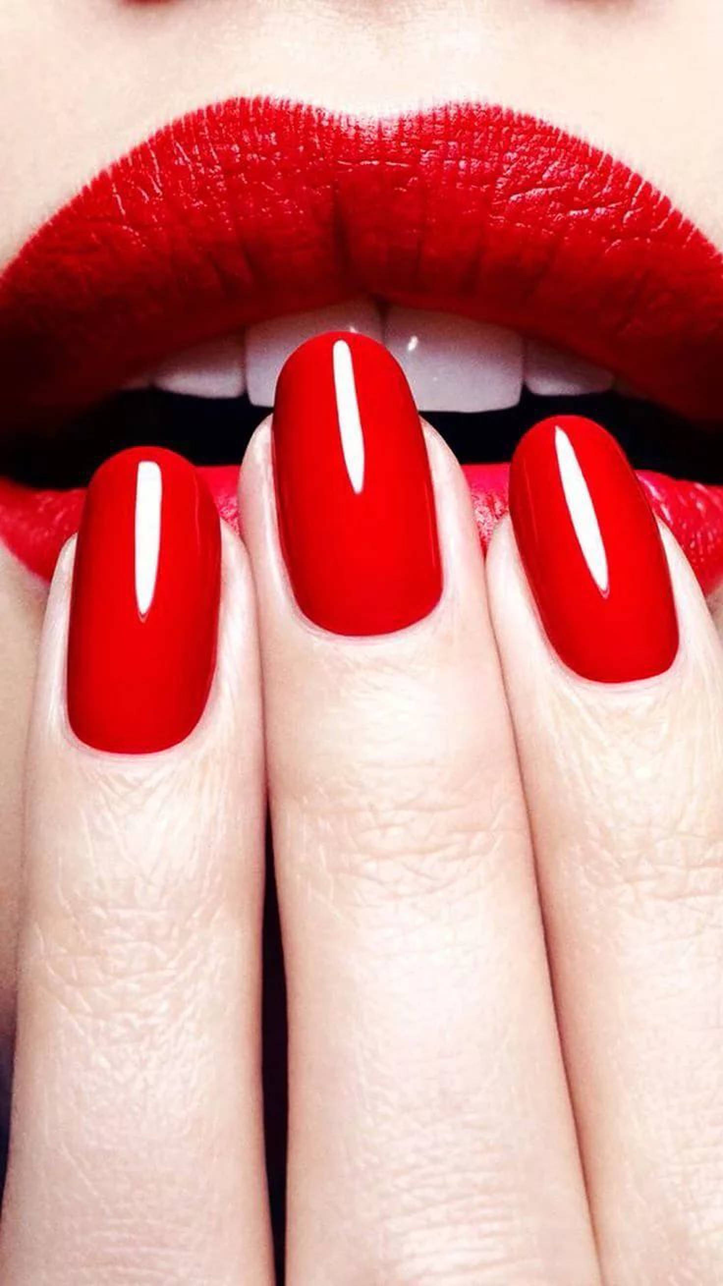 red nails, red lips, glossy finish, 2K Phone Wallpaper