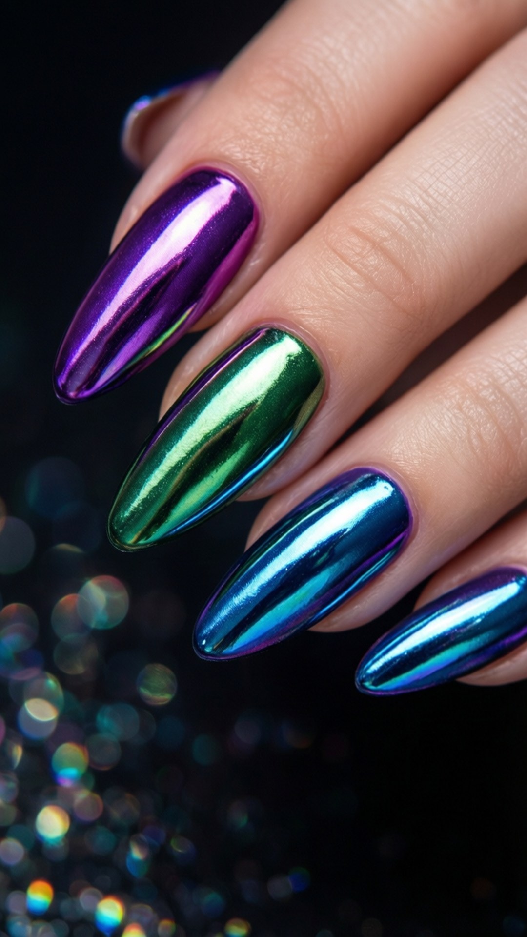 holographic stiletto, iridescent metallic nails, purple to green to blue, Full HD Phone Wallpaper