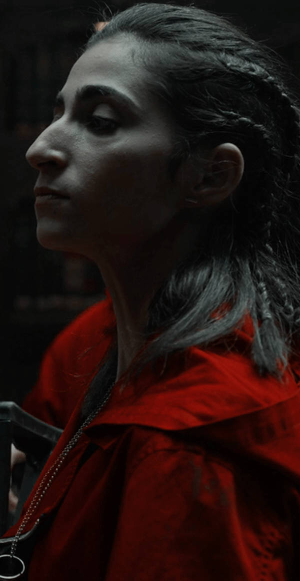 Nairobi Money Heist, vivid red coat, dimly lit, SD Phone Wallpaper