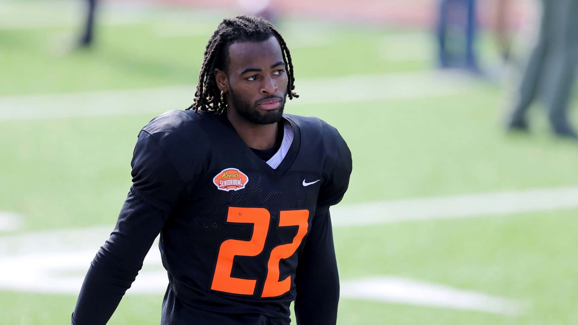 Najee Harris, black jersey, orange number 22, Full HD Desktop Wallpaper