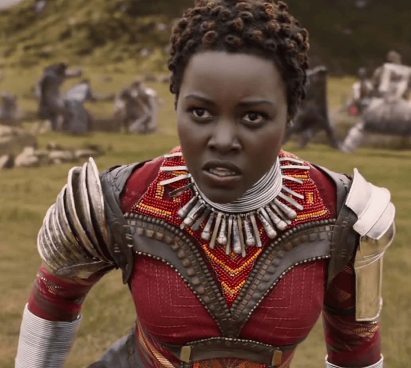 Nakia, red and silver armor, grassy field, HD Desktop Wallpaper