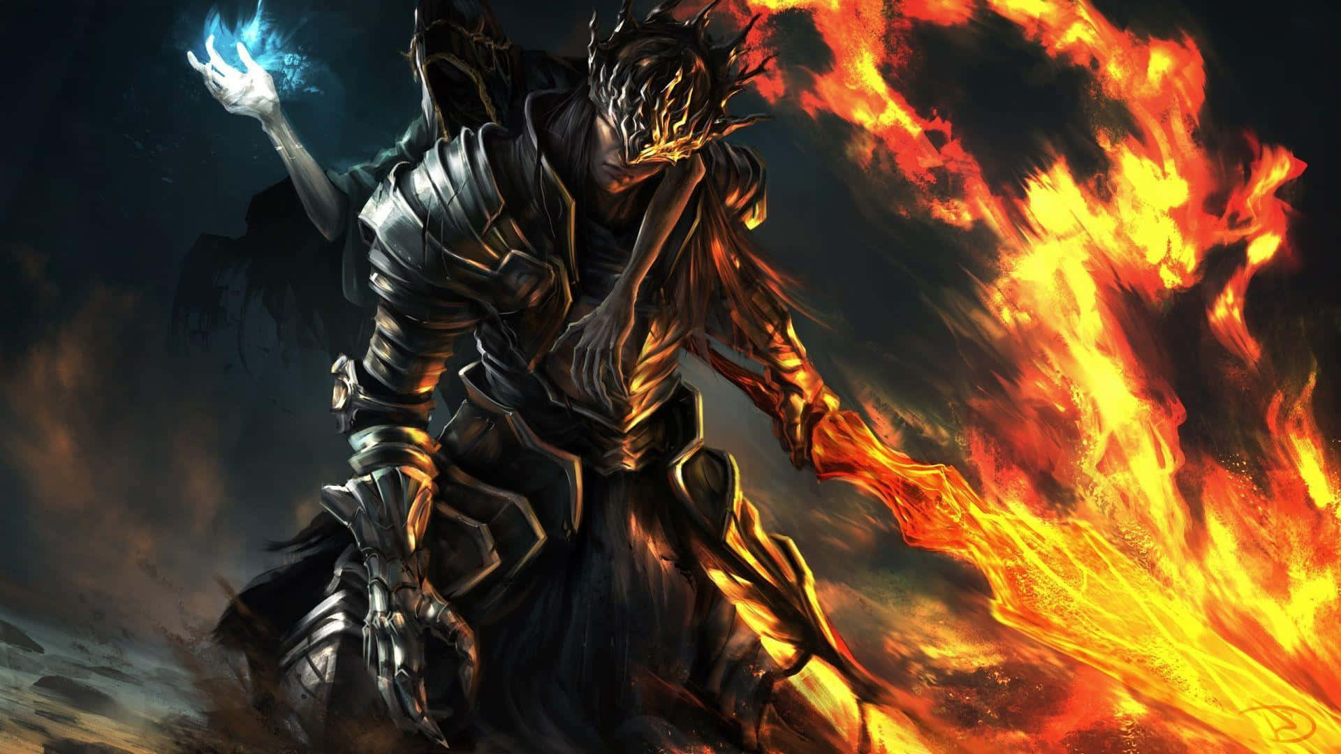 Nameless King, flaming sword, glowing blue orb, Full HD Desktop Wallpaper