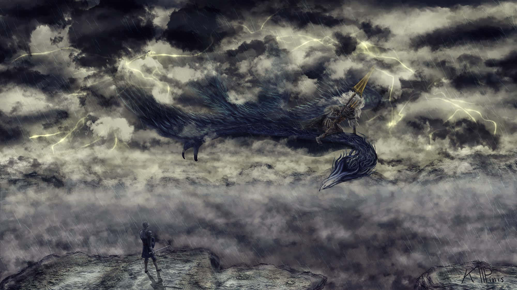 Nameless King, stormy cliff, massive dark dragon, Full HD Desktop Wallpaper