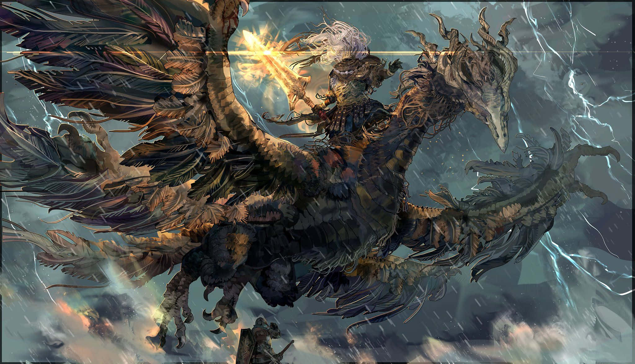 Nameless King, massive feathered dragon, stormy sky, Full HD Desktop Wallpaper