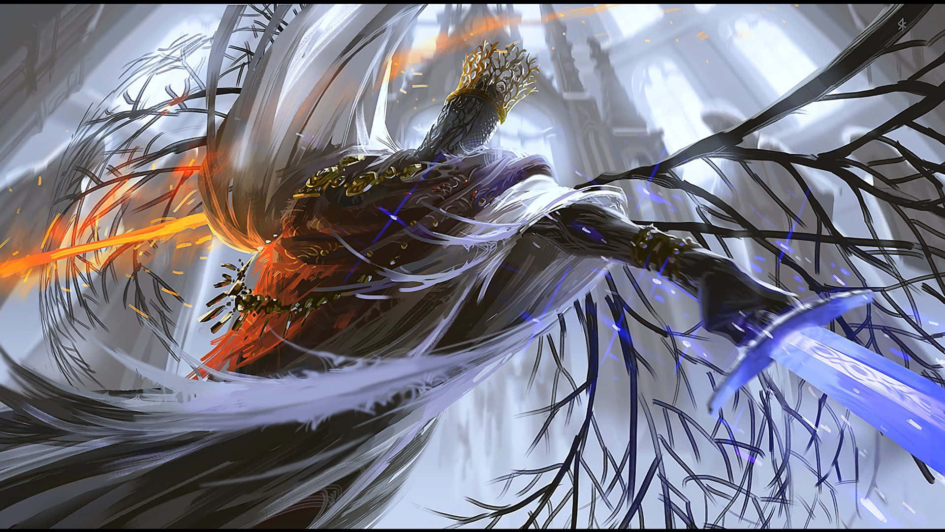 Nameless King, glowing blue sword, fiery orange blade, Full HD Desktop Wallpaper