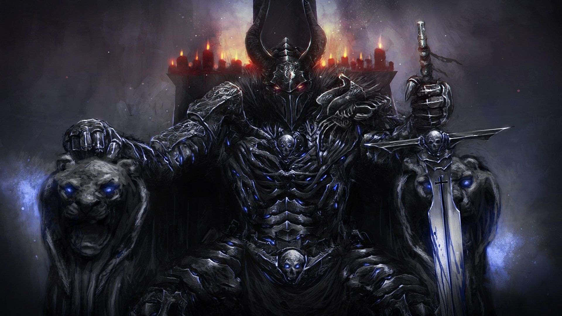 Nameless King, dark armored demon king, glowing red eyes, Full HD Desktop Wallpaper