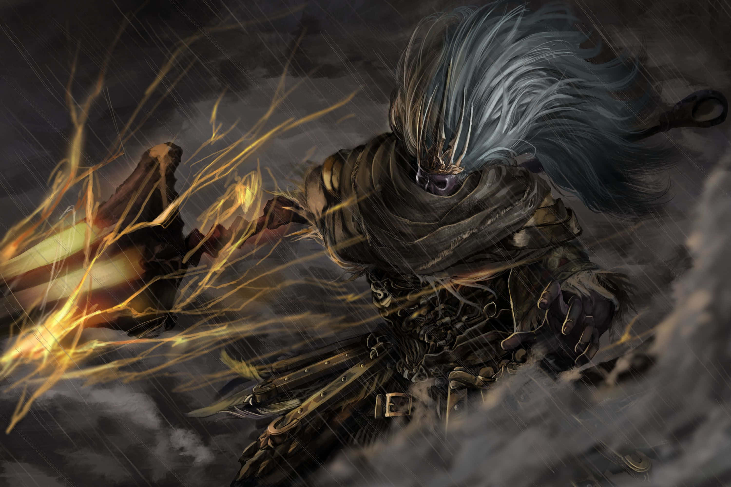 Nameless King, silver hair, flaming sword, 2K Desktop Wallpaper