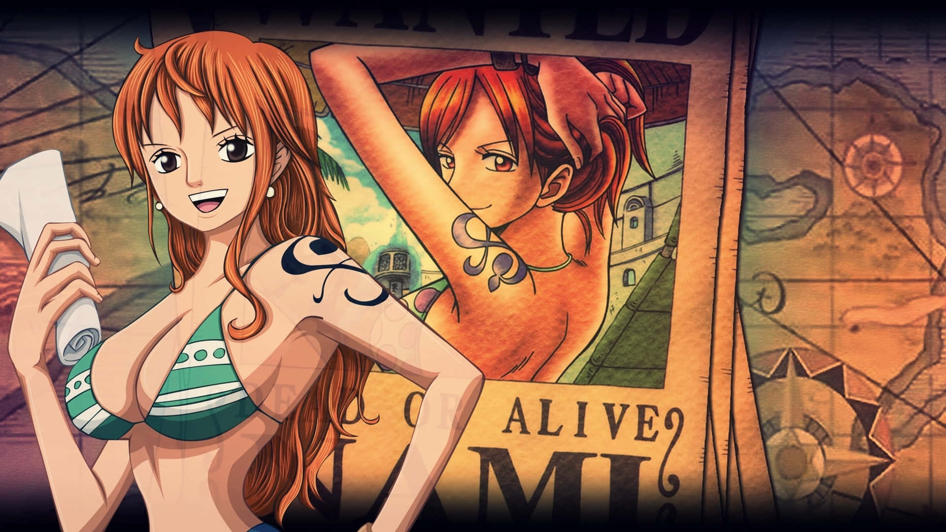 Nami One Piece, wanted poster, orange hair, Full HD Desktop Wallpaper