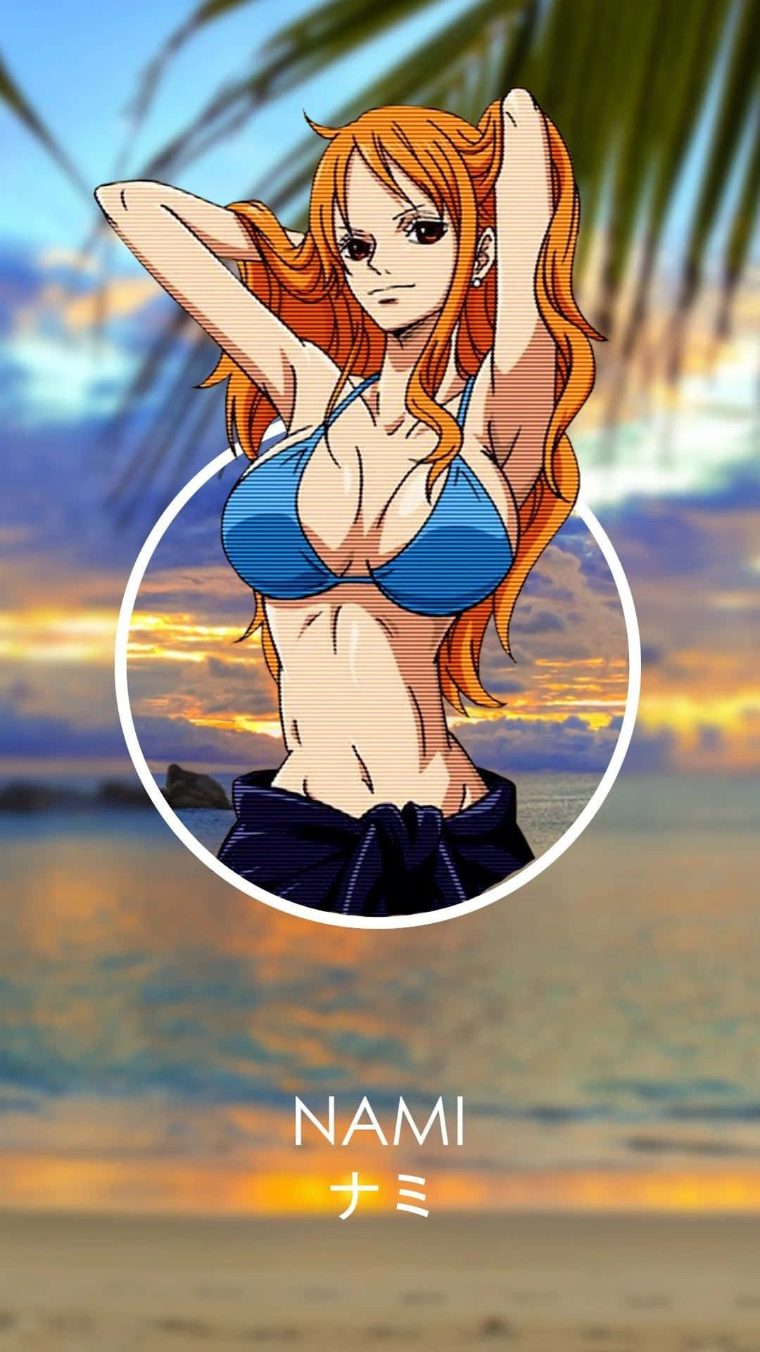 Nami One Piece, blue bikini, tropical sunset beach, Full HD Phone Wallpaper