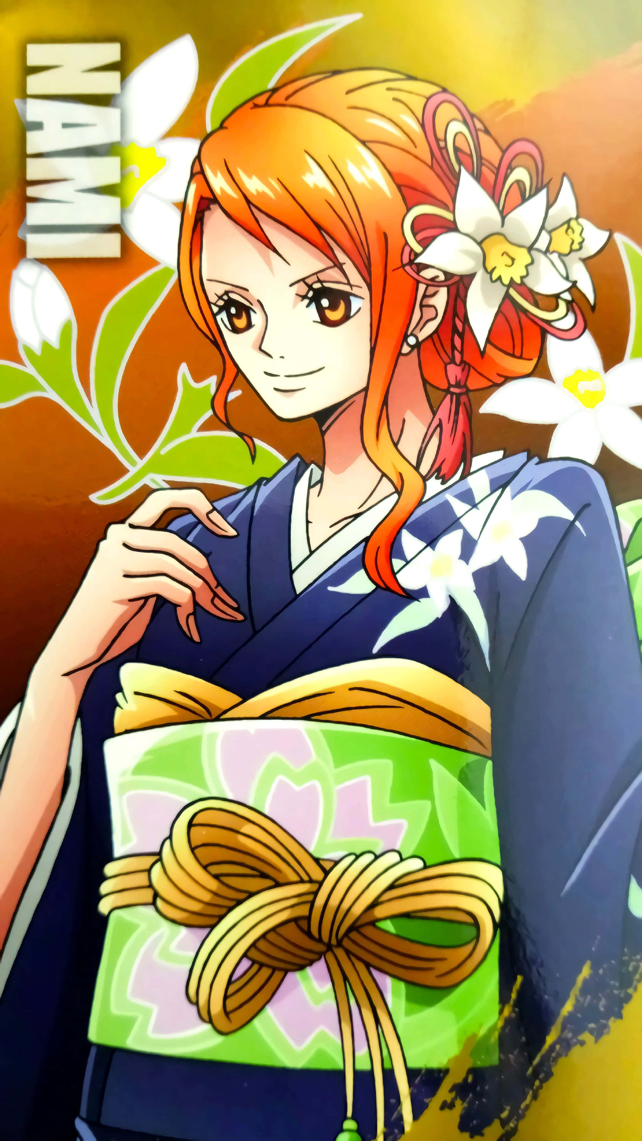 Nami One Piece, floral yukata, blue floral kimono, 2K Phone Wallpaper