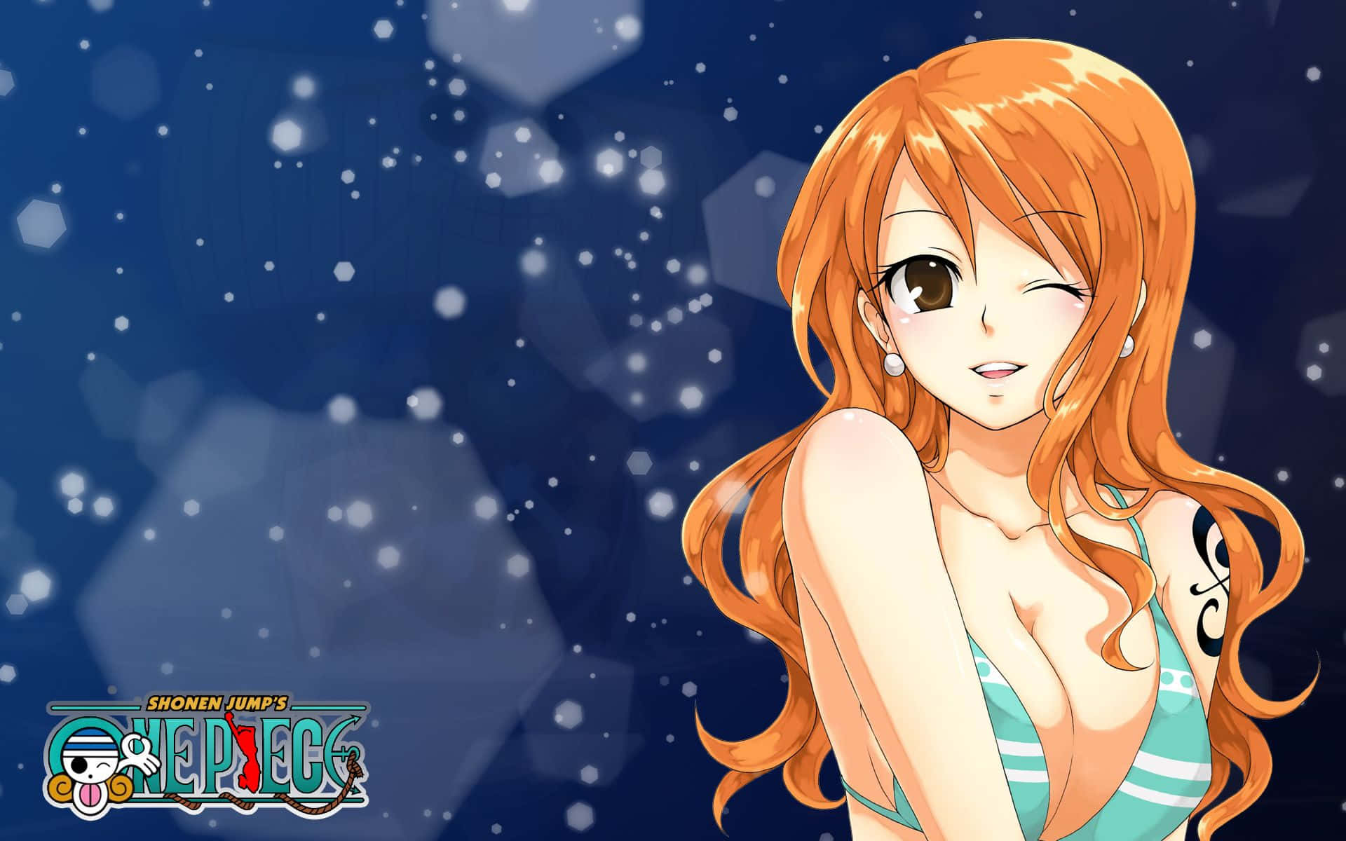 Nami One Piece, orange hair, starry blue hexagonal background, Full HD Desktop Wallpaper