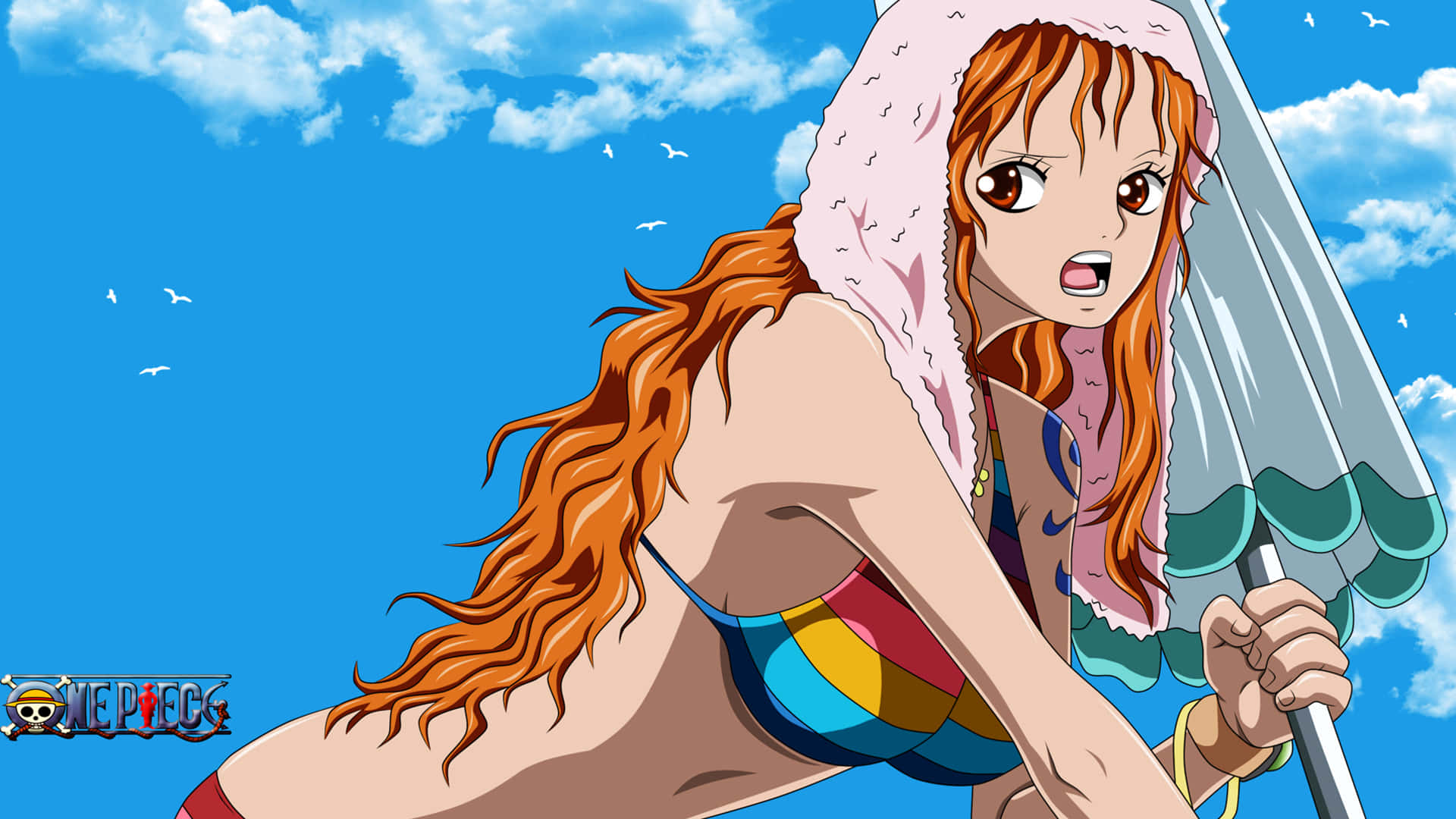 Nami One Piece, fiery-haired anime girl, colorful bikini, Full HD Desktop Wallpaper