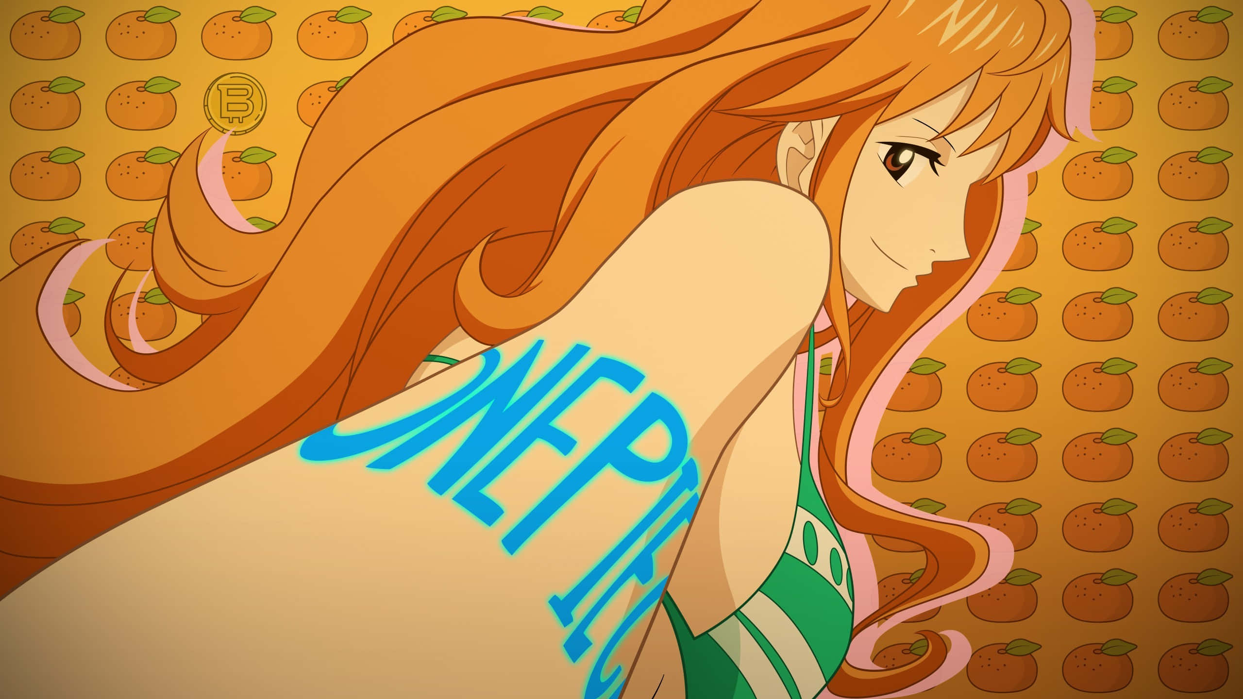 Nami One Piece, orange hair, repeating orange fruit pattern background, 2K Desktop Wallpaper
