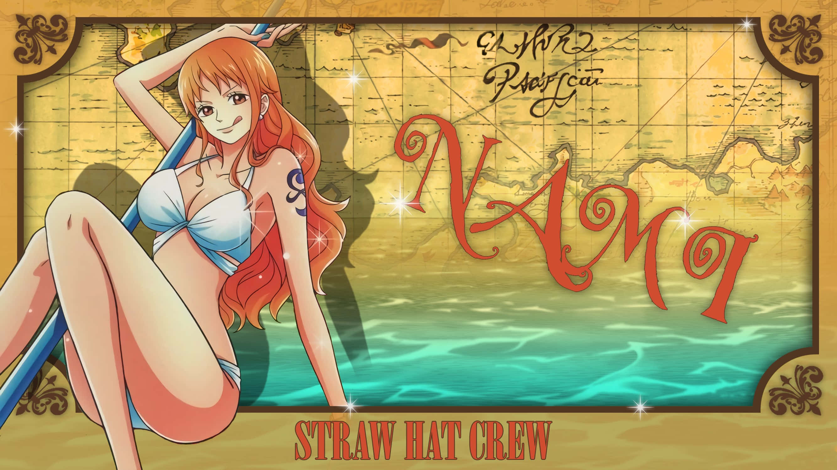 Nami One Piece, orange hair, blue bikini, 2K Desktop Wallpaper