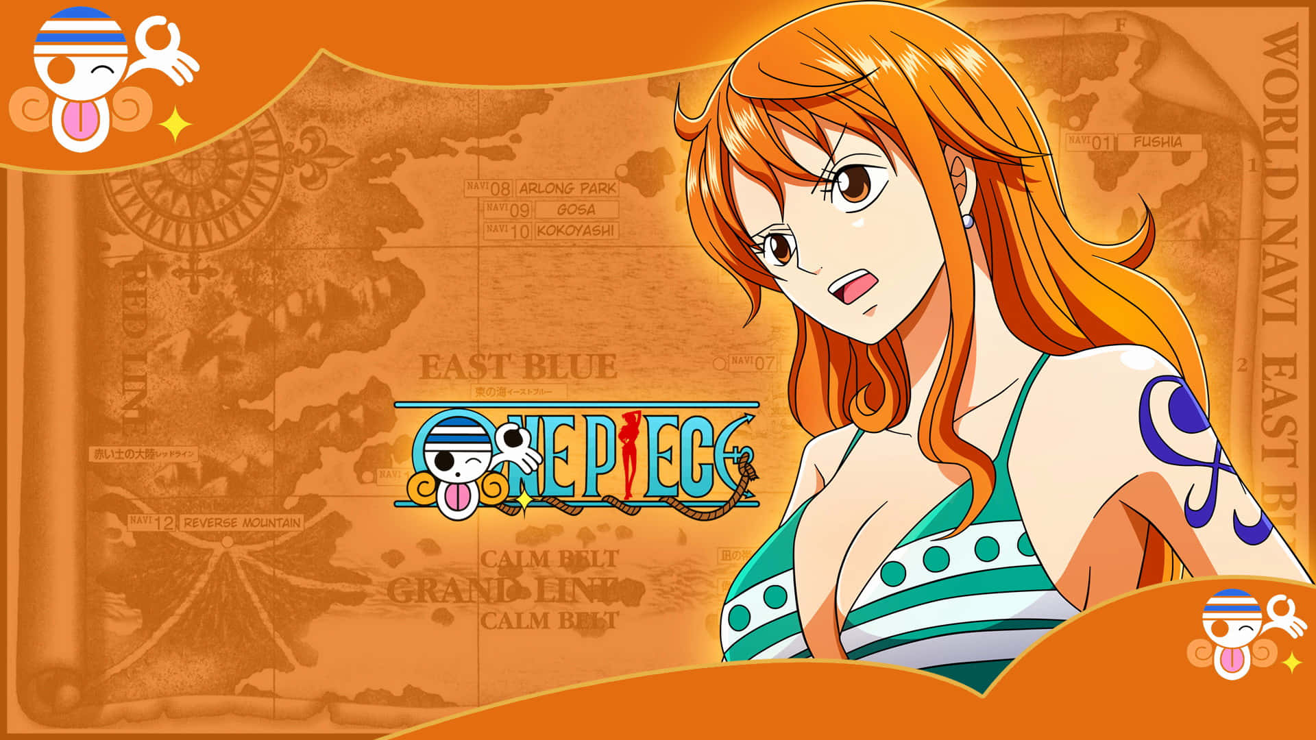 Nami One Piece, orange hair, green swimsuit, Full HD Desktop Wallpaper