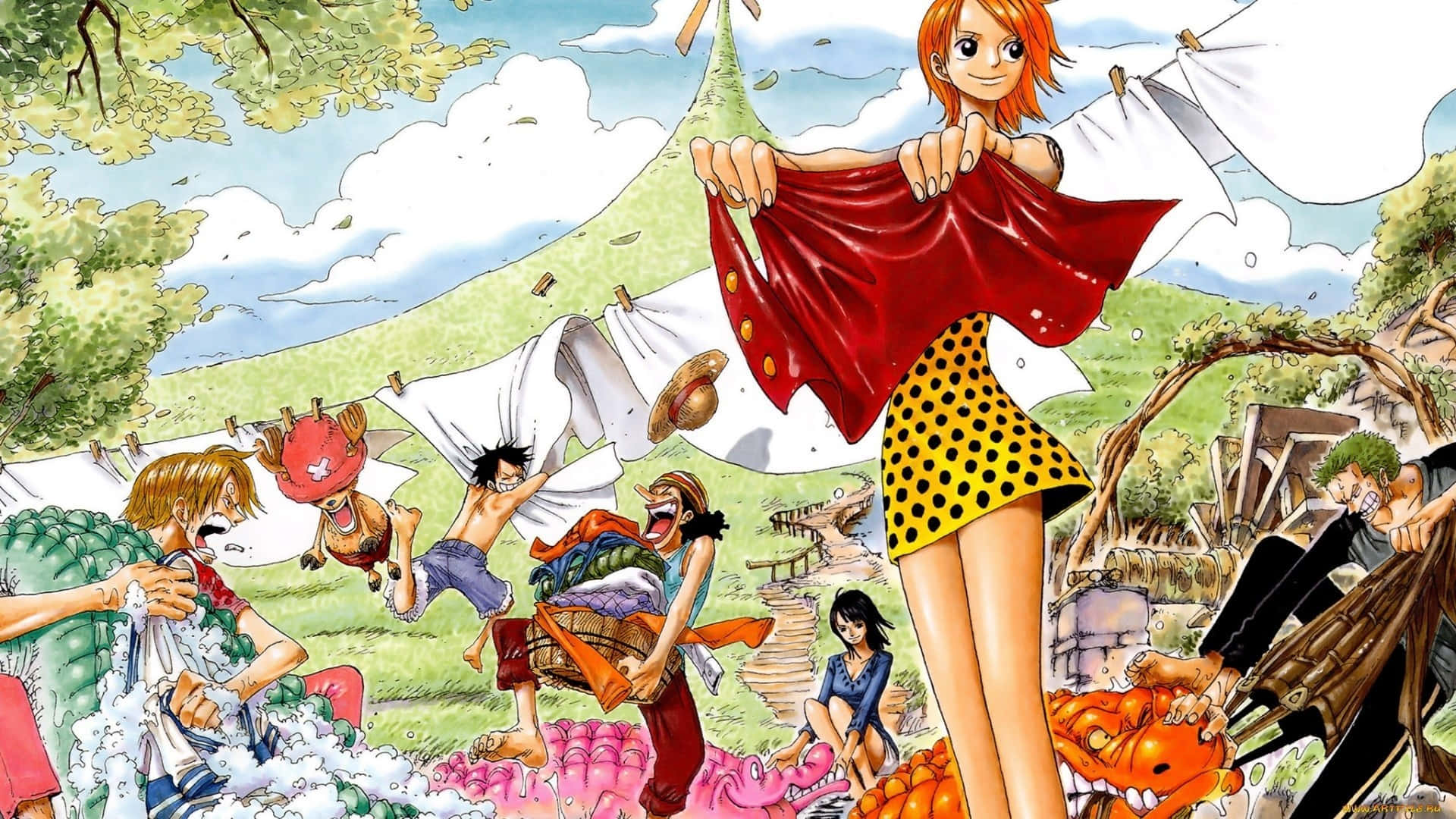 Nami One Piece, anime characters, sunny outdoor campsite, Full HD Desktop Wallpaper