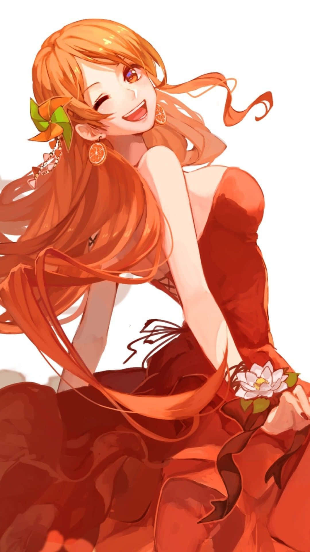 Nami One Piece, orange hair, red dress, Full HD Phone Wallpaper