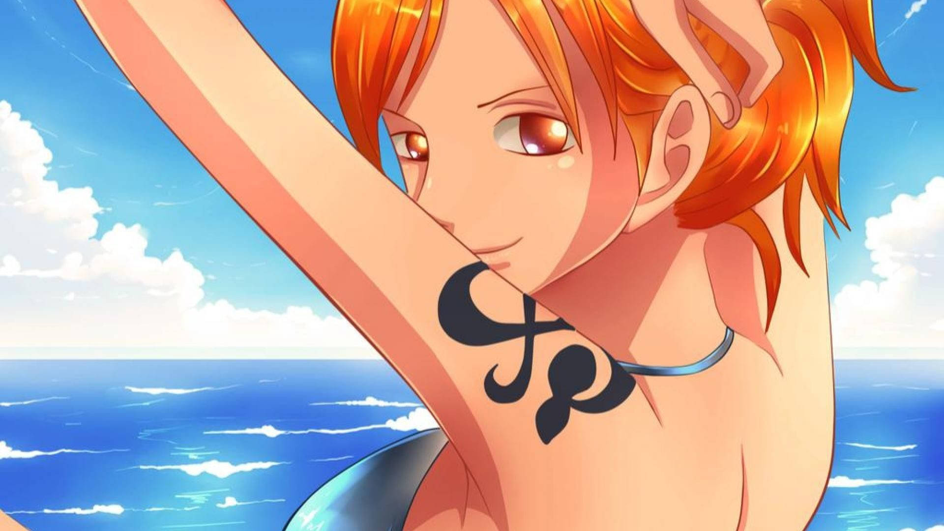 Nami One Piece, orange hair, black tattoo, Full HD Desktop Wallpaper