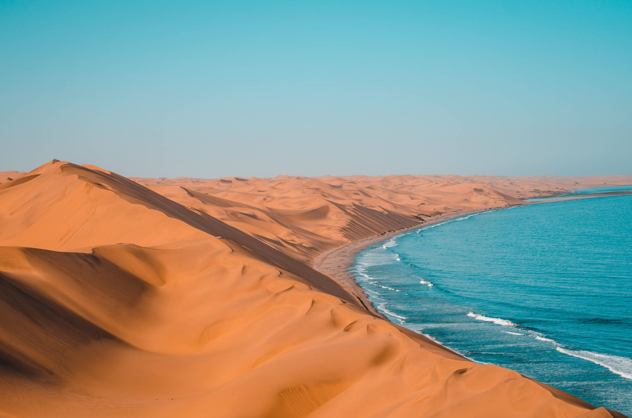 Namibia, orange sand dunes, turquoise ocean, Full HD Desktop Wallpaper