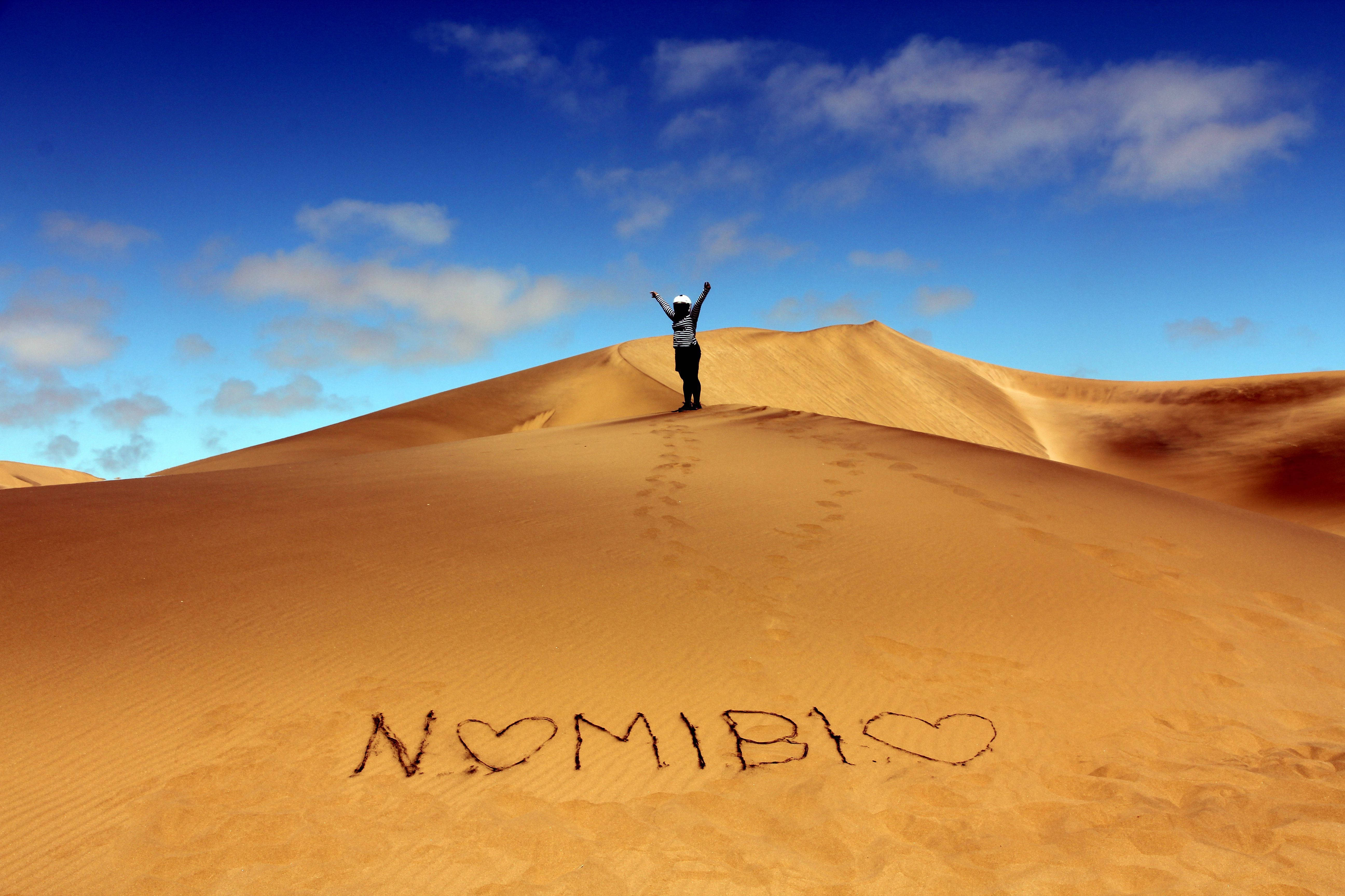 Namibia, golden sand dune, vast blue sky, 5K Desktop Wallpaper