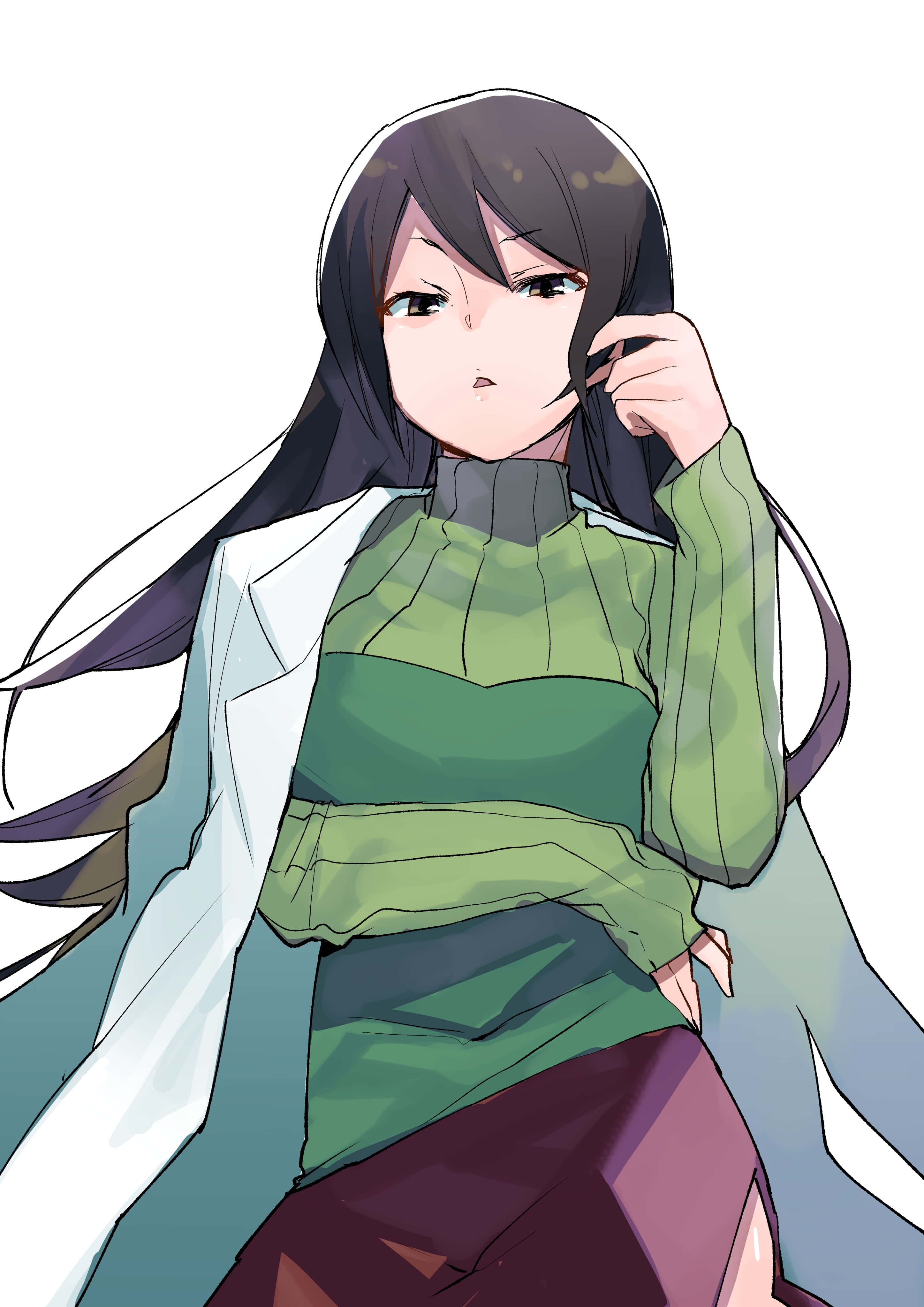 Namie Yagiri, green sweater, white coat, 4K Phone Wallpaper