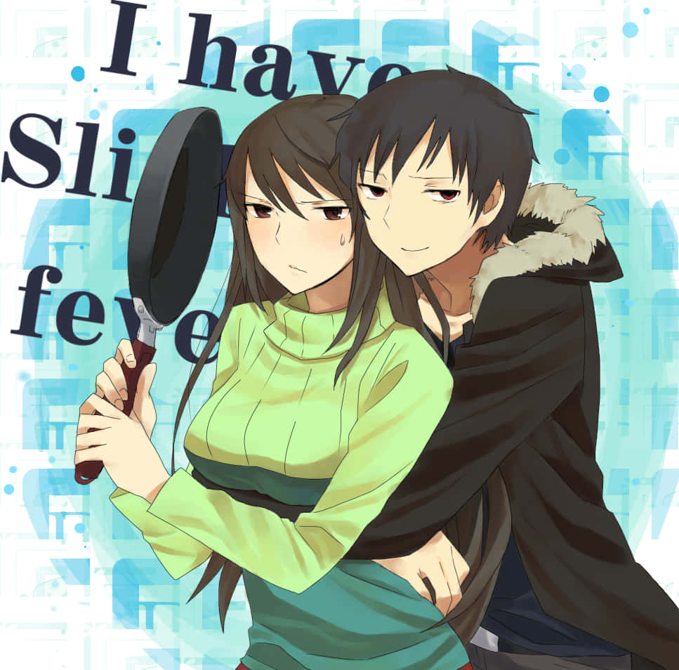 Namie Yagiri, frying pan, blue abstract background, SD Desktop Wallpaper