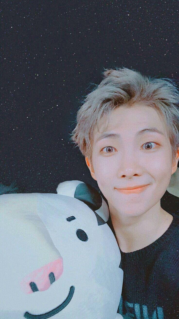 Namjoon, white cow plush, starry night sky, HD Phone Wallpaper