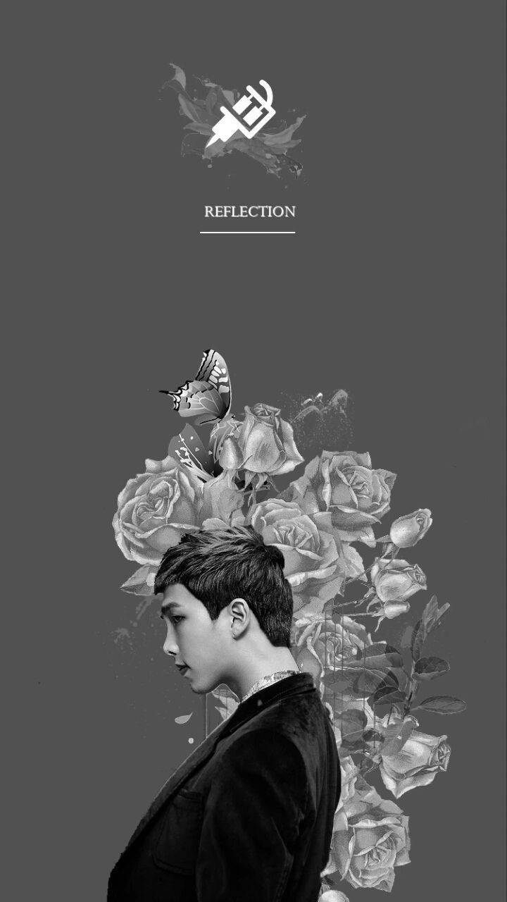 Monochrome Namjoon, roses, butterfly, HD Phone Wallpaper