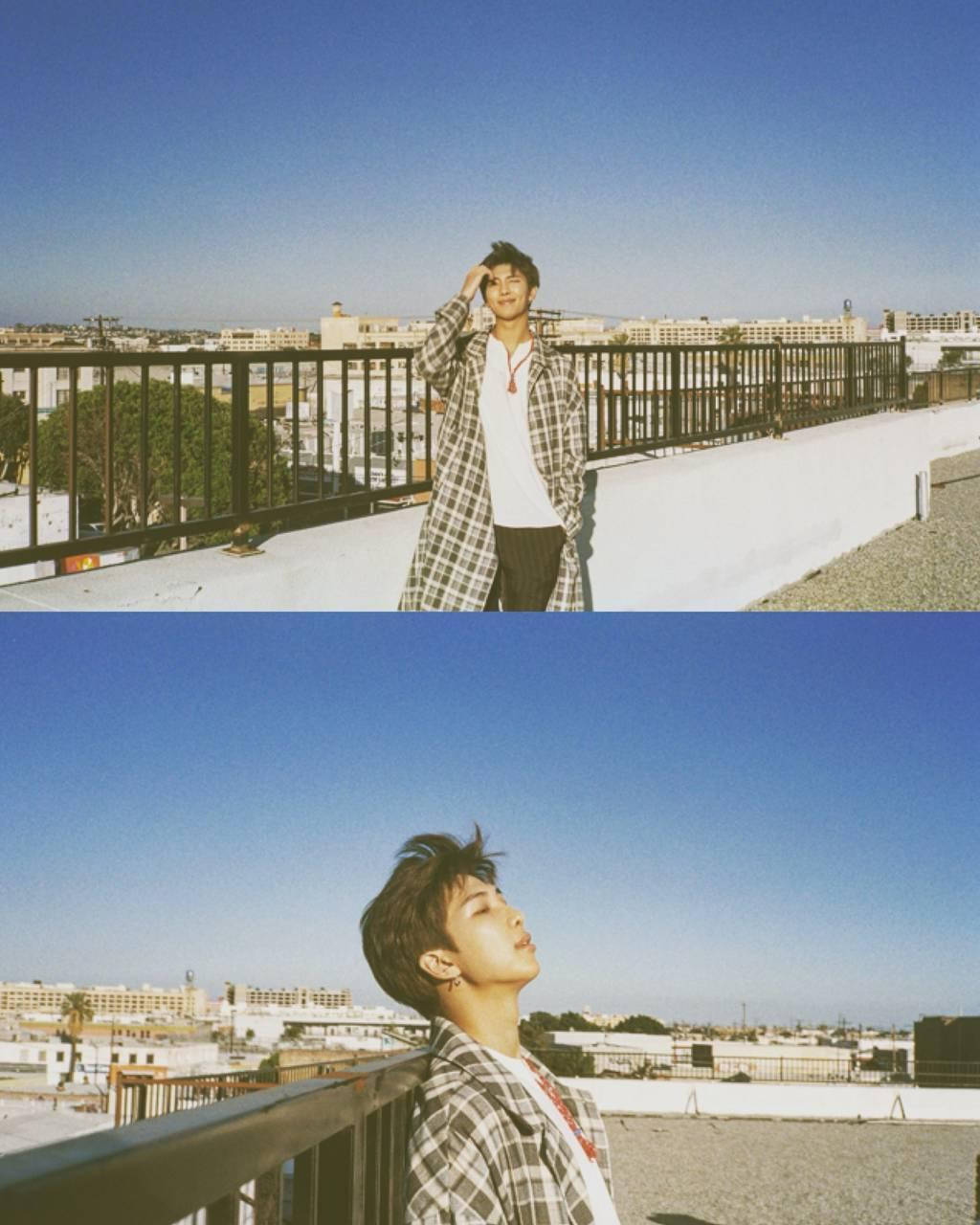 Namjoon, plaid shirt, sunny rooftop balcony, HD Phone Wallpaper