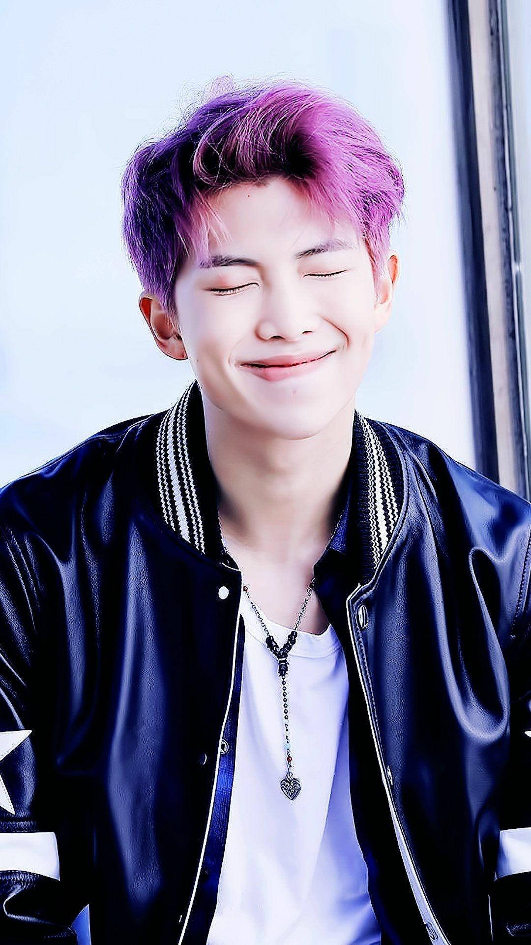 Namjoon, vibrant purple hair, black leather jacket, Full HD Phone Wallpaper