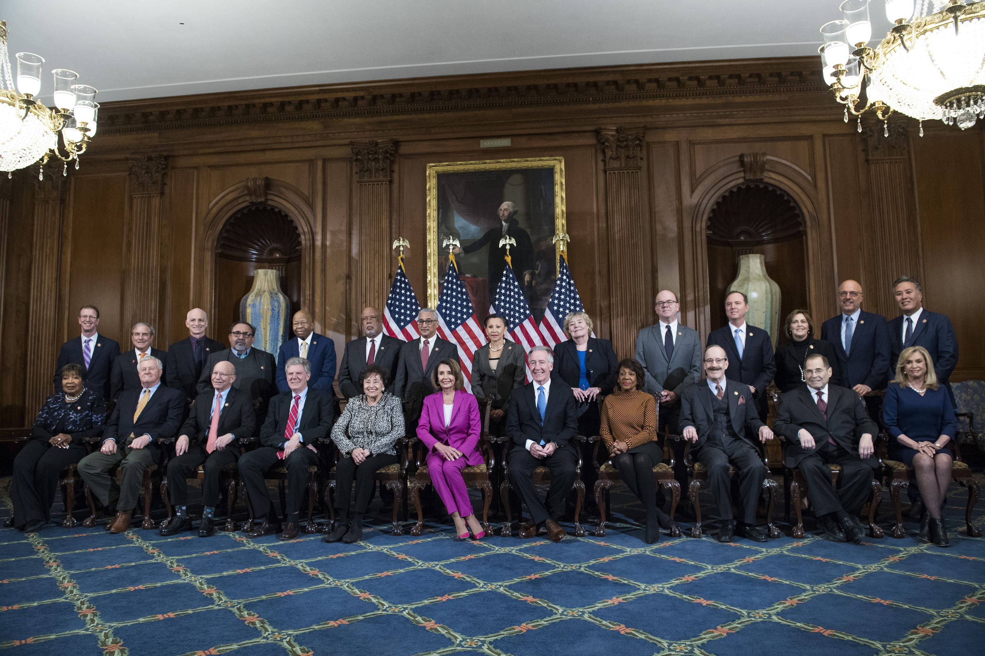 Nancy Pelosi, U.S. senators, ornate wood-paneled room, 2K Desktop Wallpaper