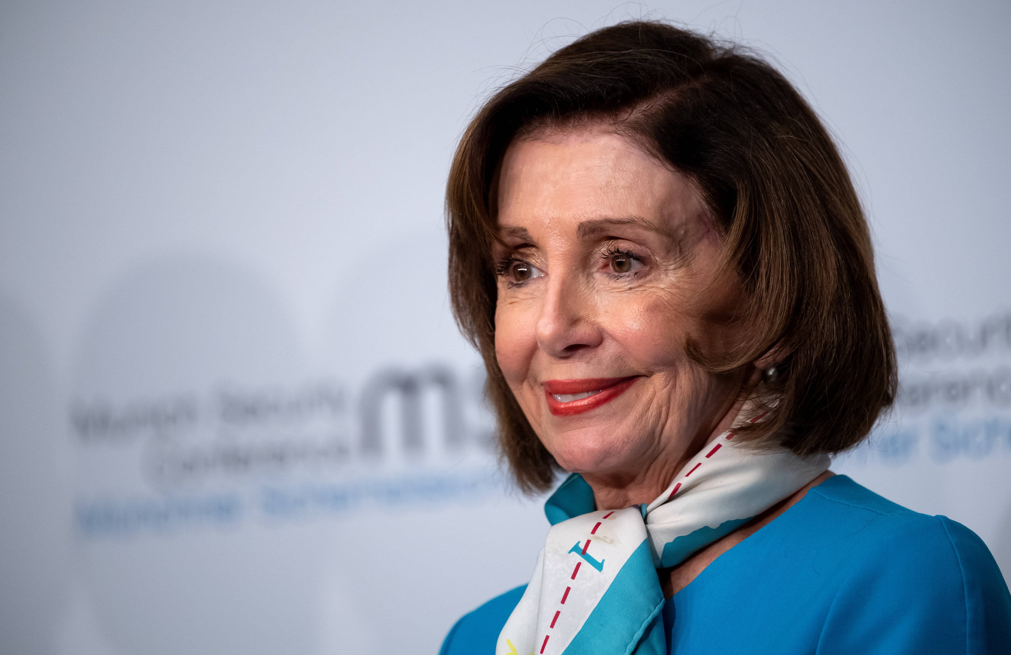 Nancy Pelosi, blue suit, patterned scarf, 4K Desktop Wallpaper