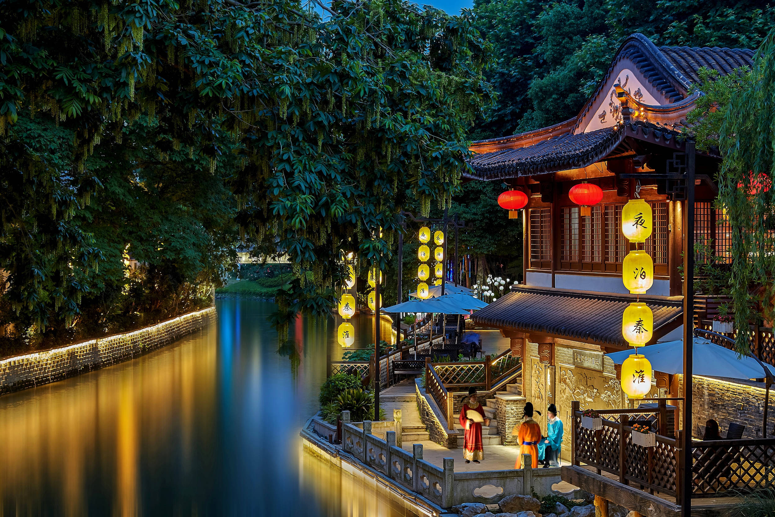 Nanjing River, twilight, traditional Chinese pavilion, Full HD Desktop Wallpaper