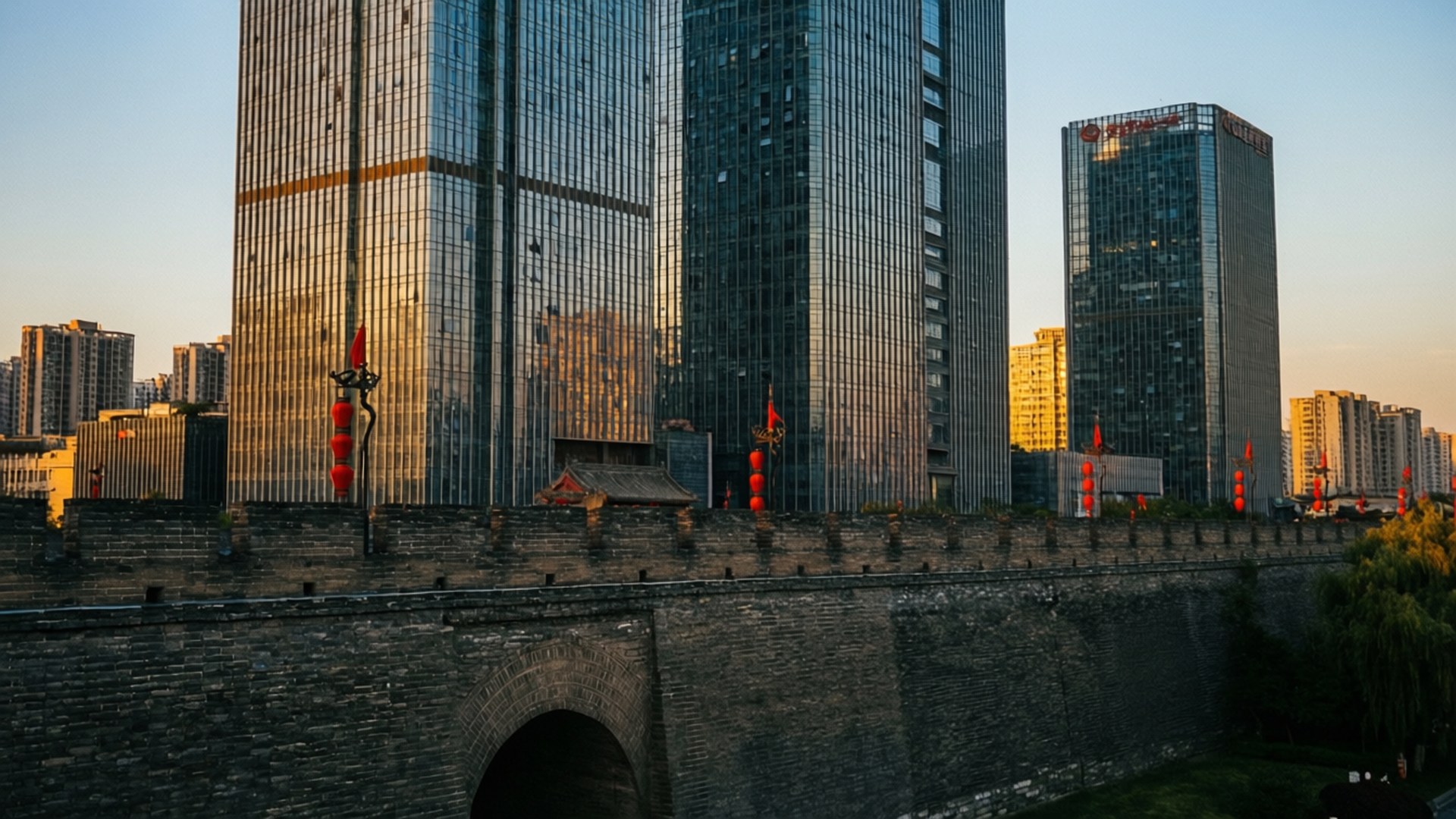 Nanjing, stone city wall, red lanterns, Full HD Desktop Wallpaper