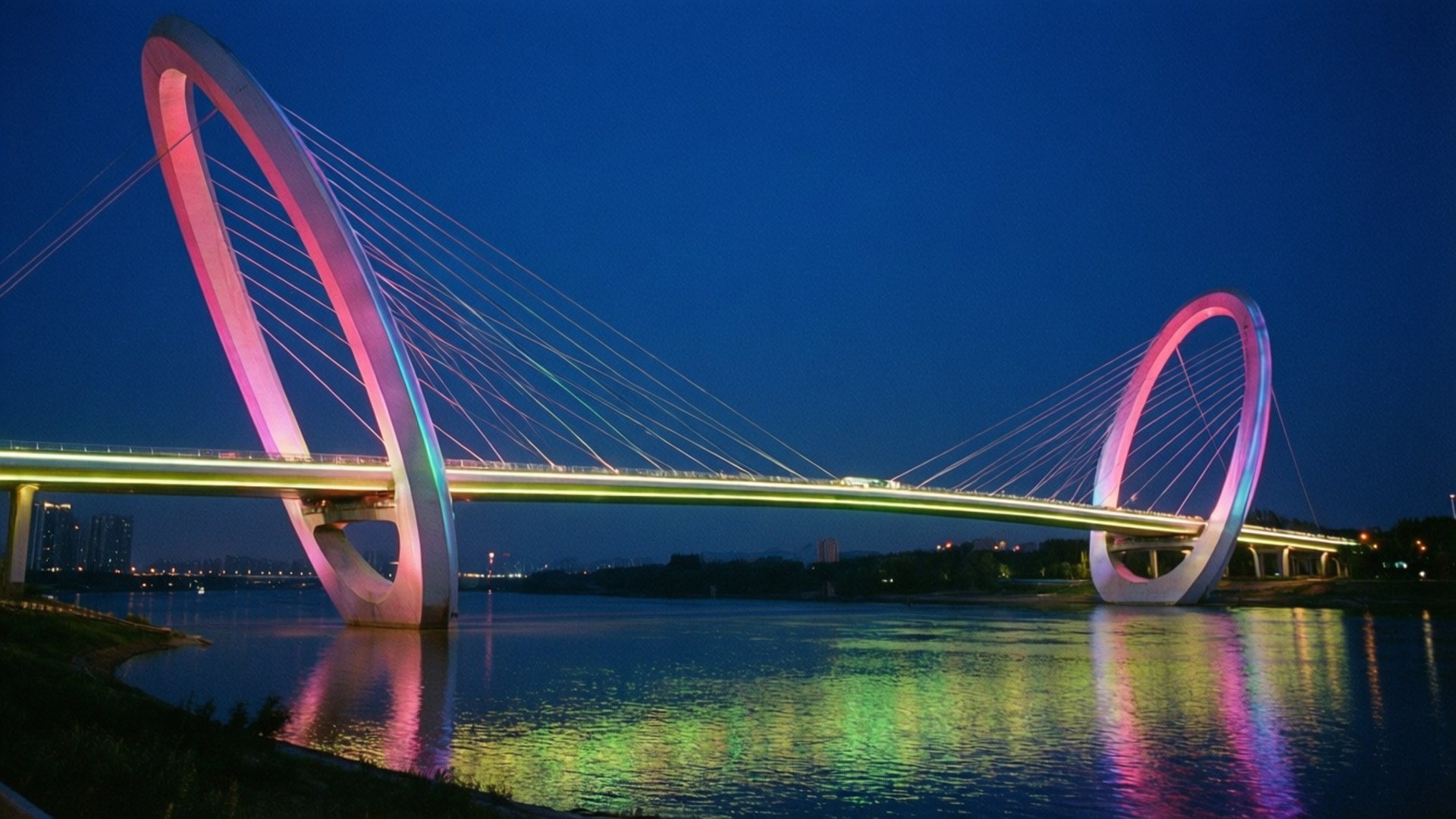 Nanjing Eye, glowing pink and green arches, calm river, Full HD Desktop Wallpaper
