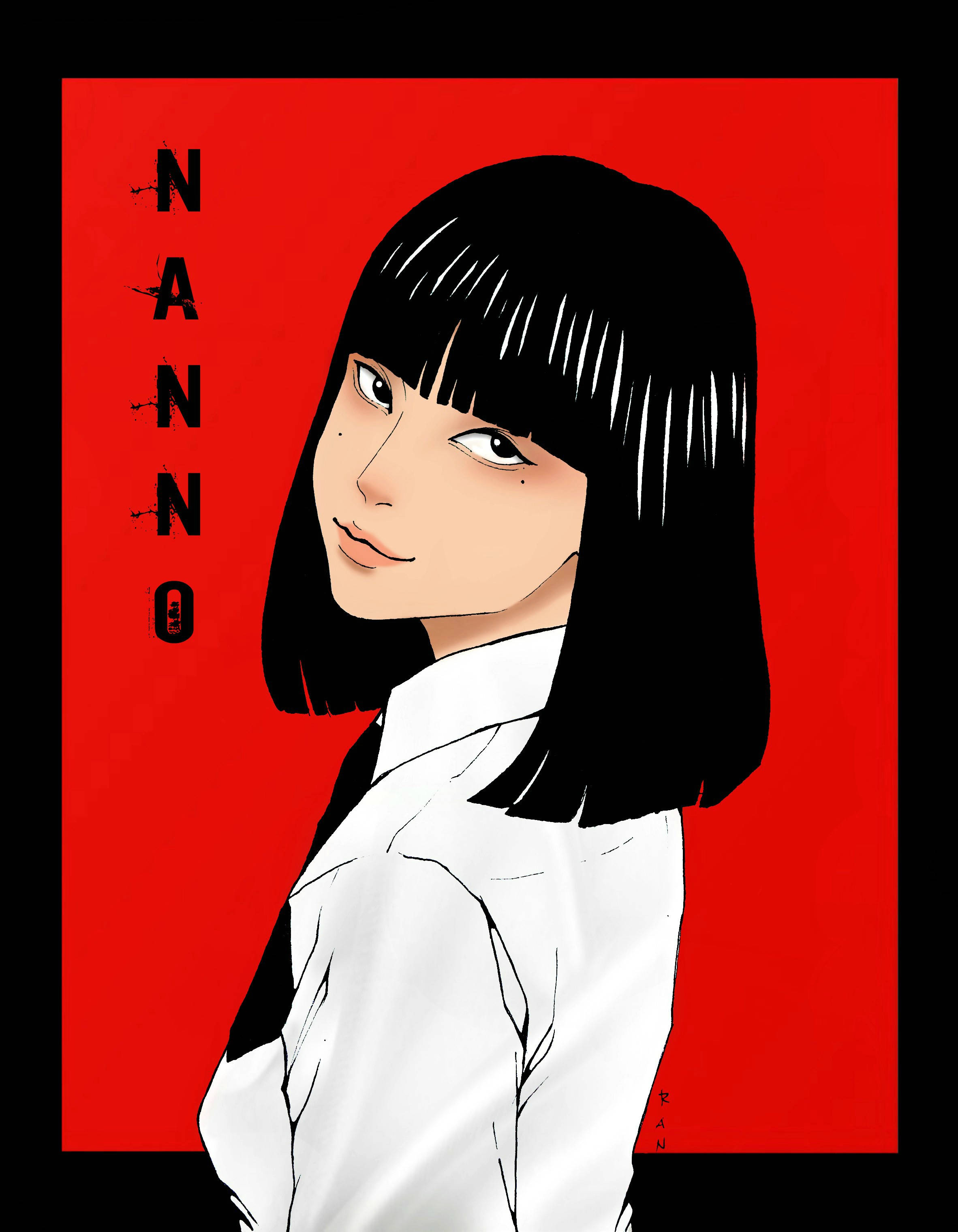 Nanno, red background, black bob hair, 2K Phone Wallpaper