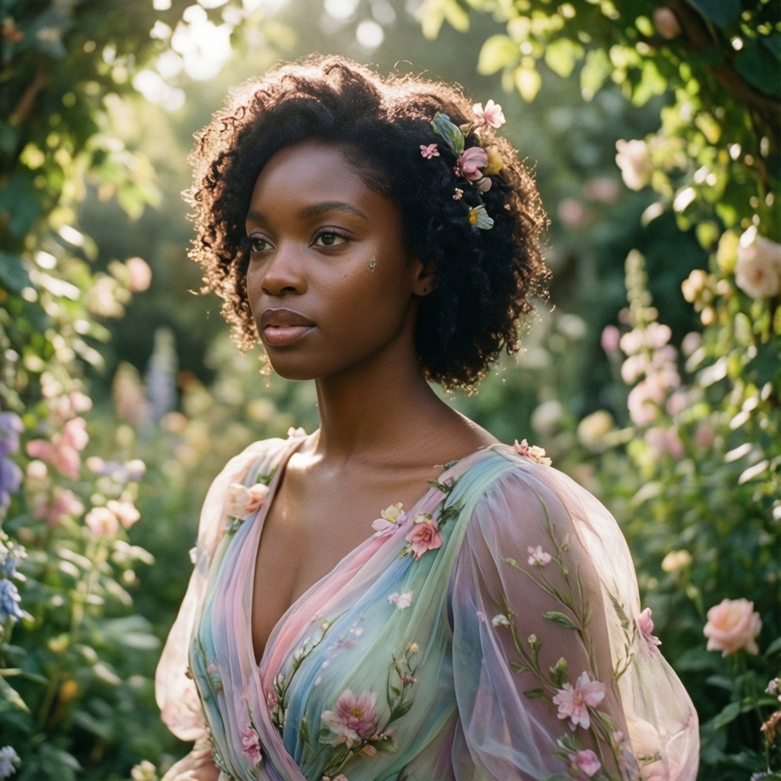 Naomi Ackie, pastel garden, soft sunlight, HD Desktop Wallpaper