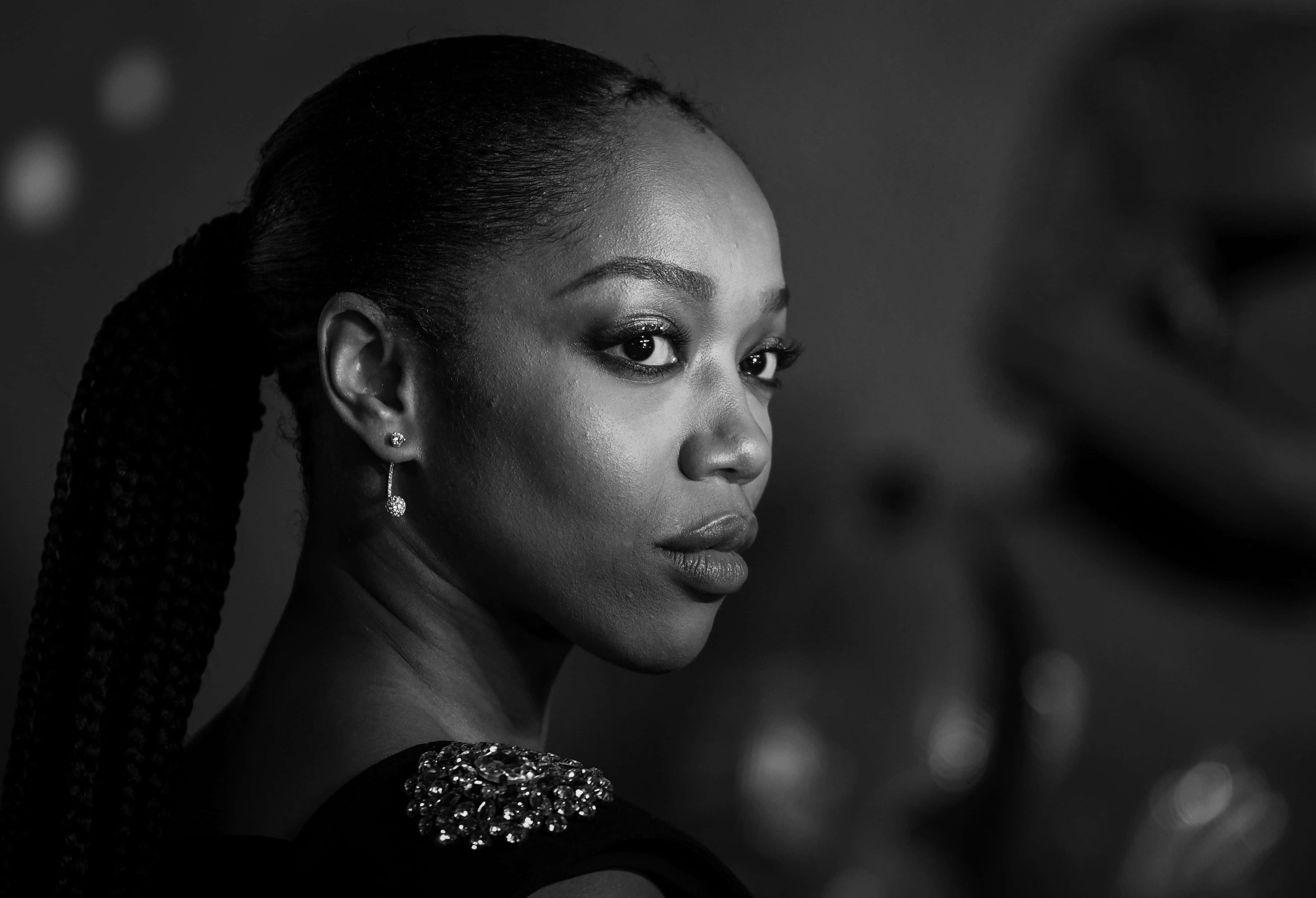 Naomi Ackie, black and white portrait, braided hair, 4K Desktop Wallpaper