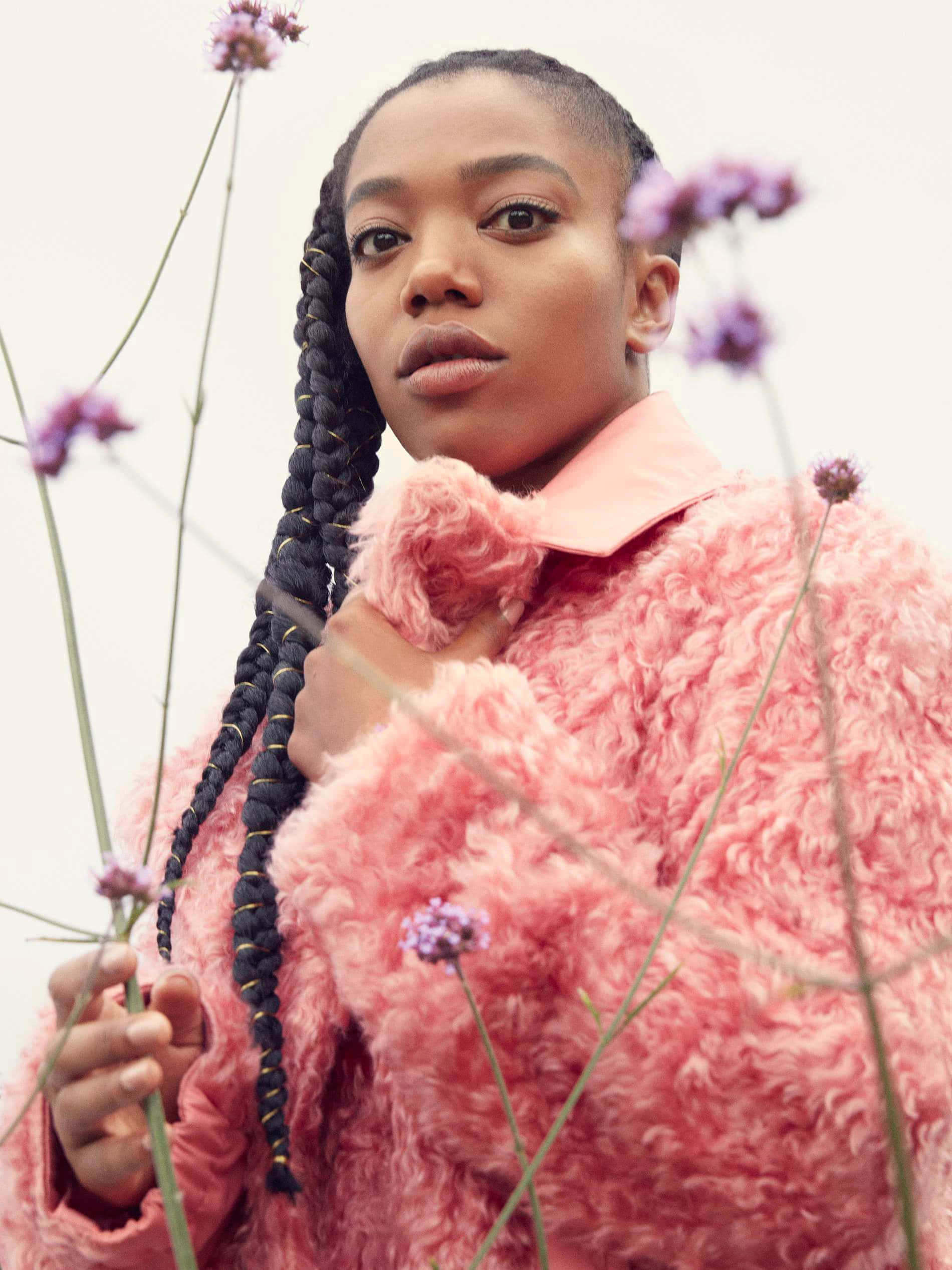 Naomi Ackie, pink fur coat, braided hair, Full HD Phone Wallpaper
