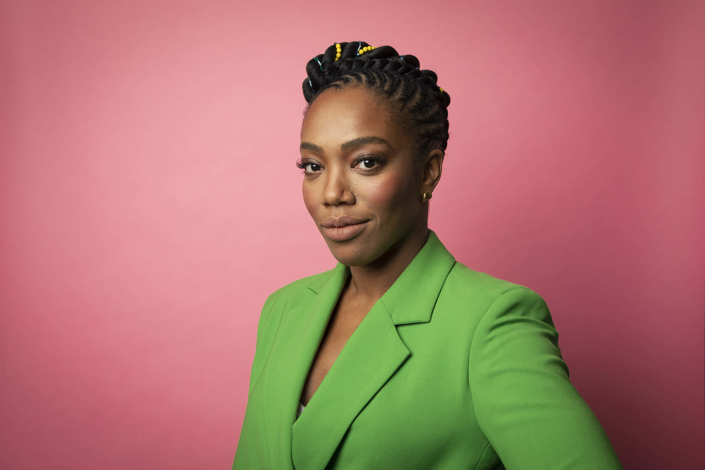 Naomi Ackie, green blazer, pink backdrop, Full HD Desktop Wallpaper