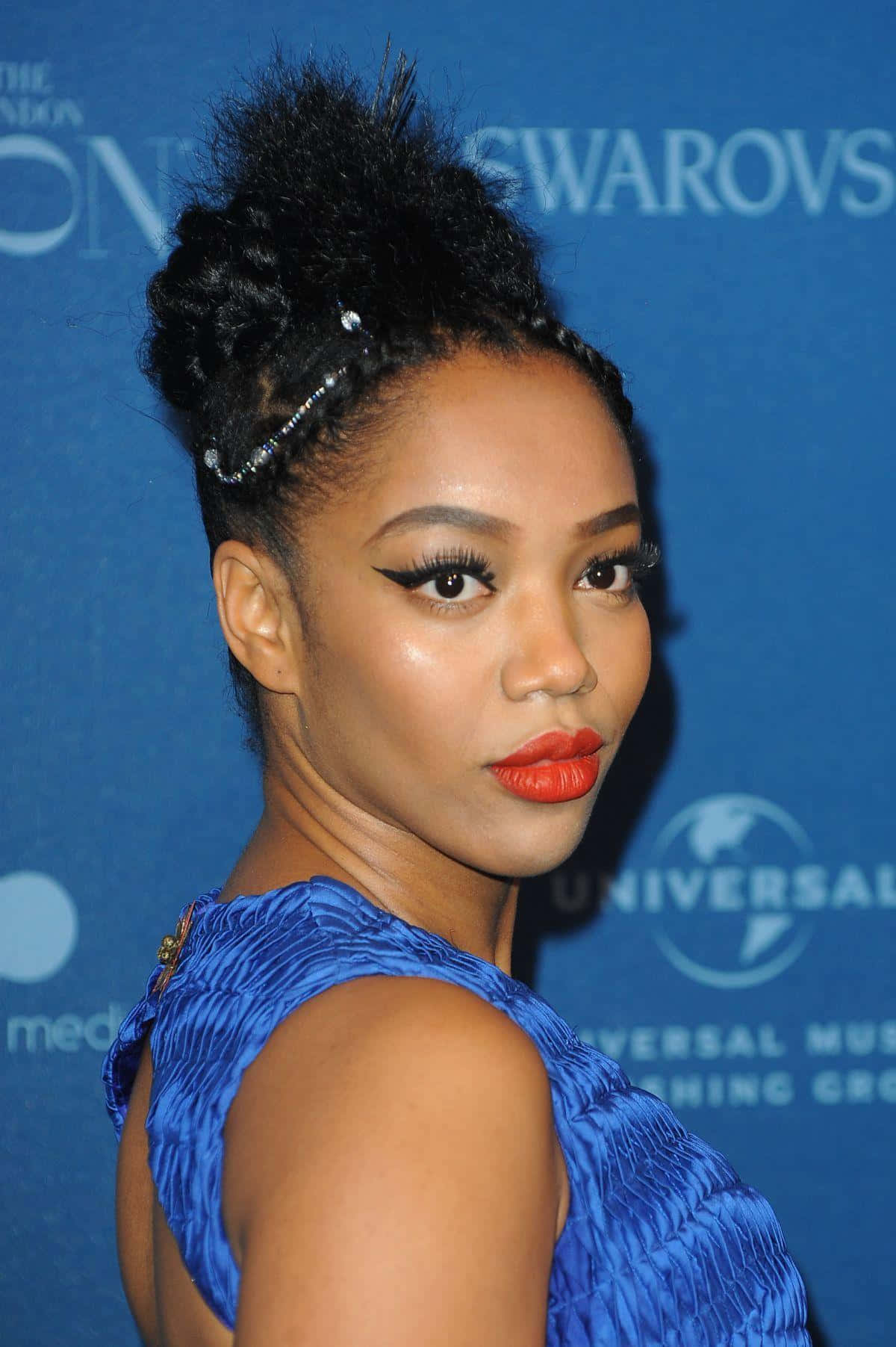 Naomi Ackie, blue dress, bold red lips, HD Phone Wallpaper