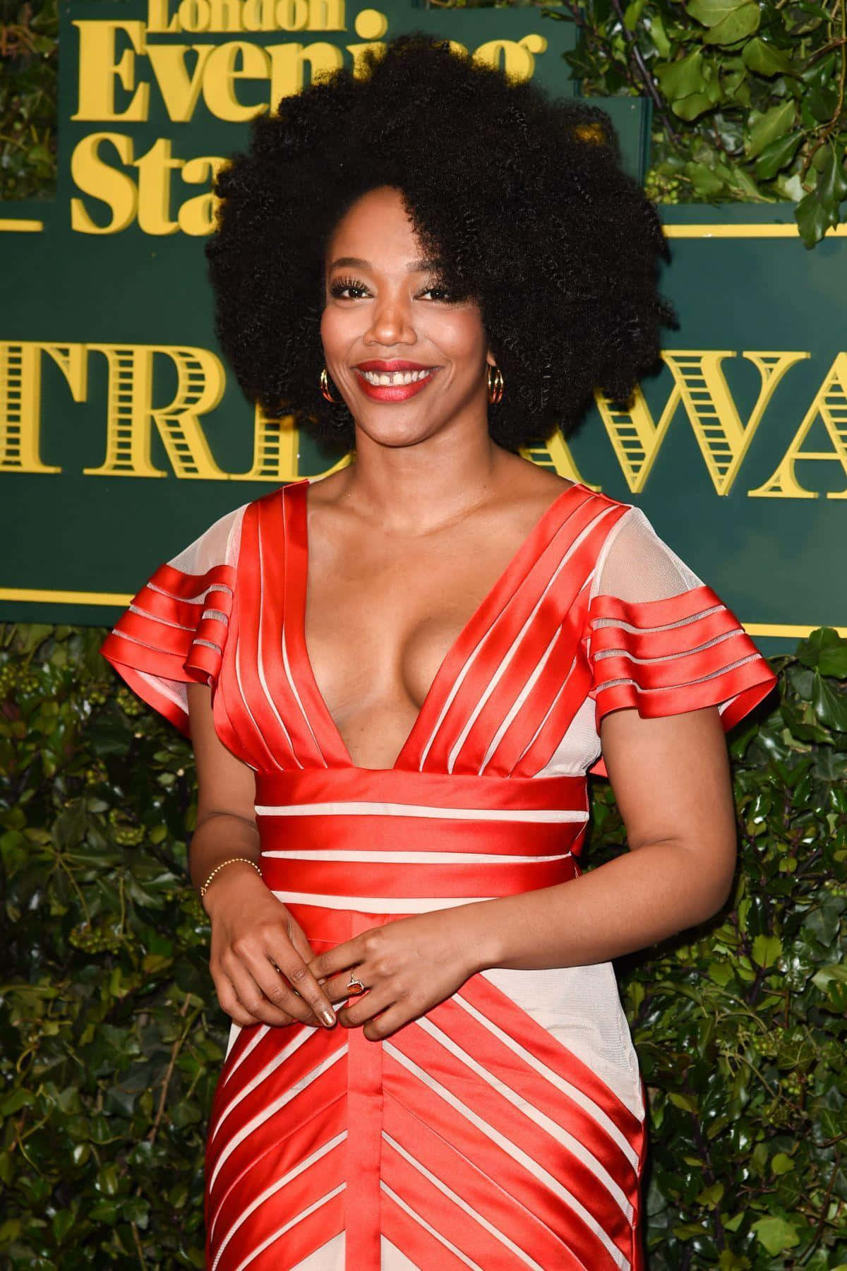 Naomi Ackie, red and white striped gown, voluminous afro, HD Phone Wallpaper