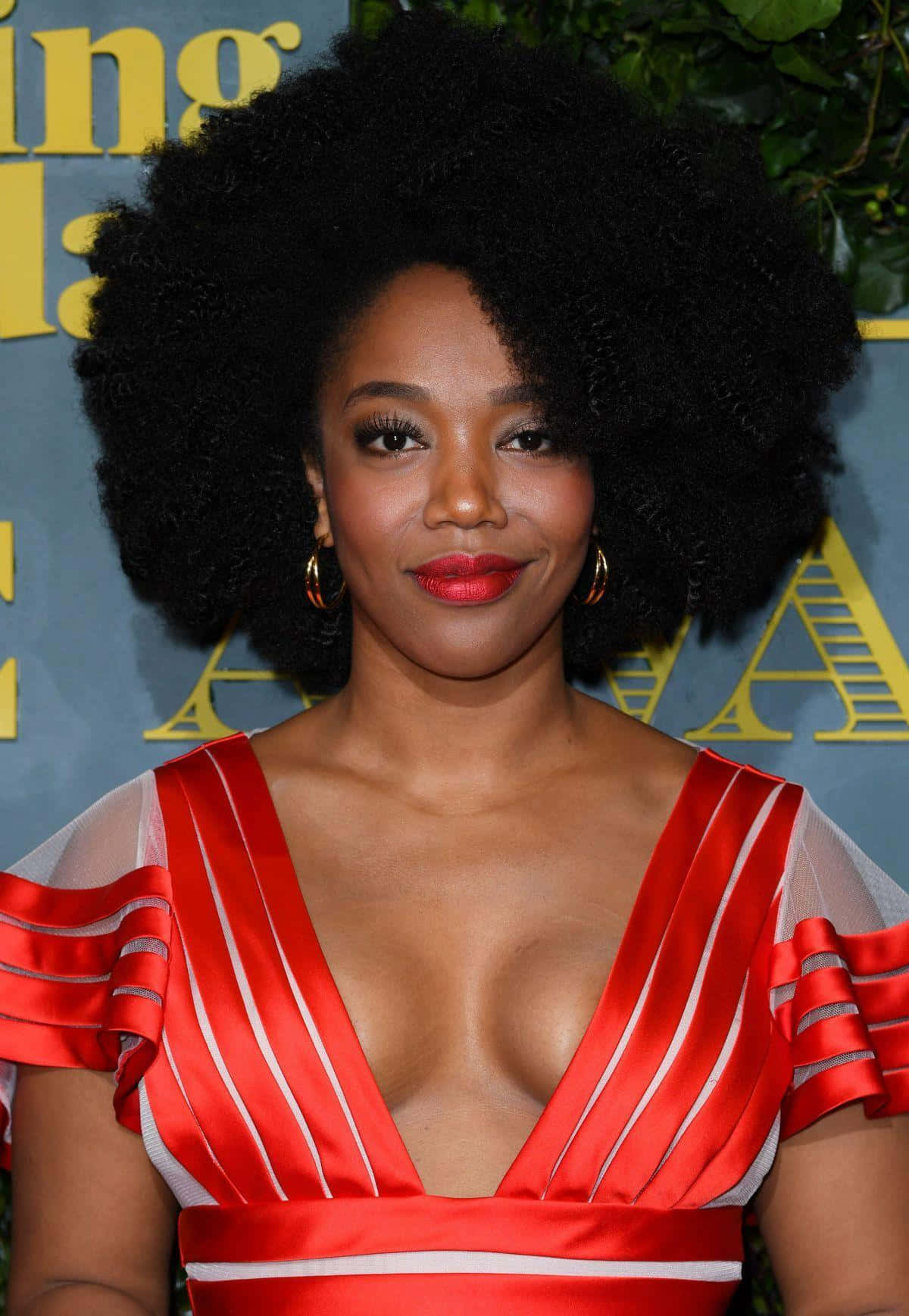 Naomi Ackie, red and white striped dress, large afro hairstyle, HD Phone Wallpaper
