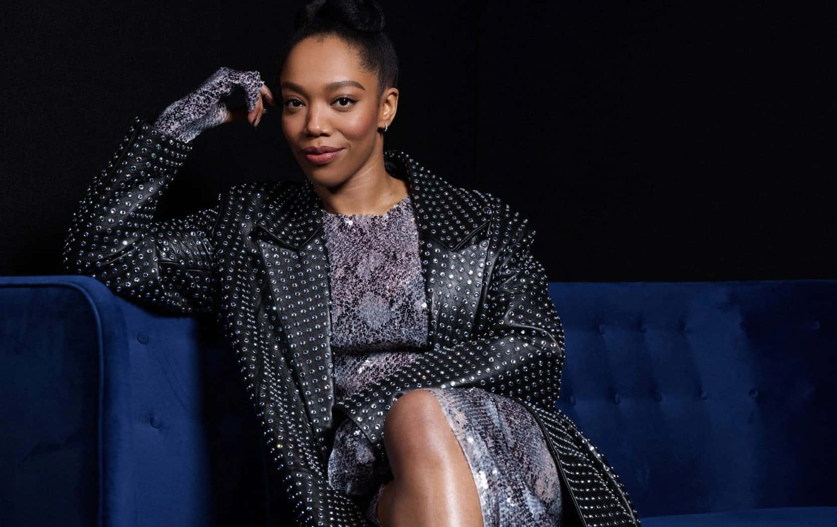 Naomi Ackie, studded black leather jacket, snakeskin dress, HD Desktop Wallpaper