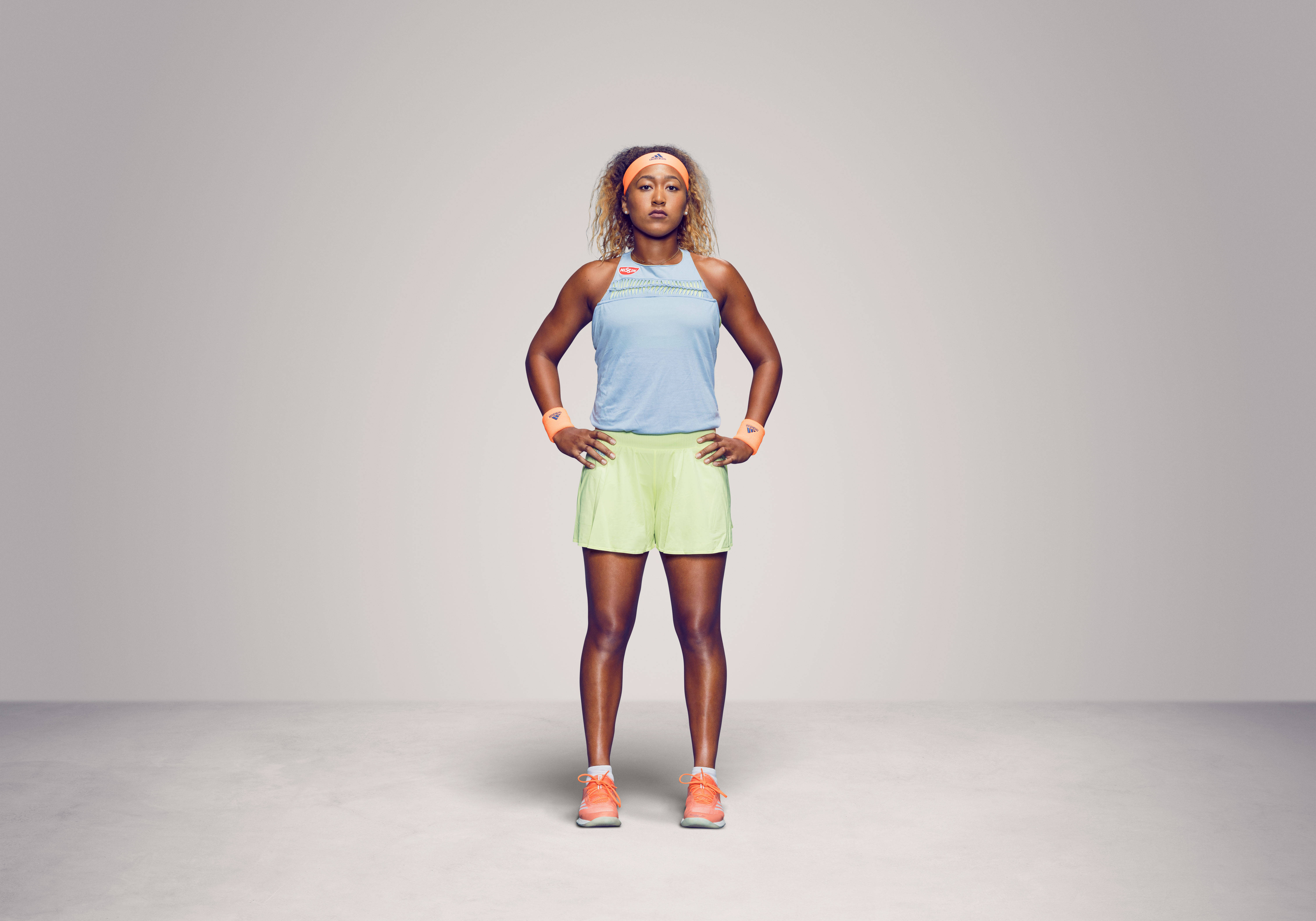 Naomi Osaka, light blue top, neon shorts, 5K Desktop Wallpaper