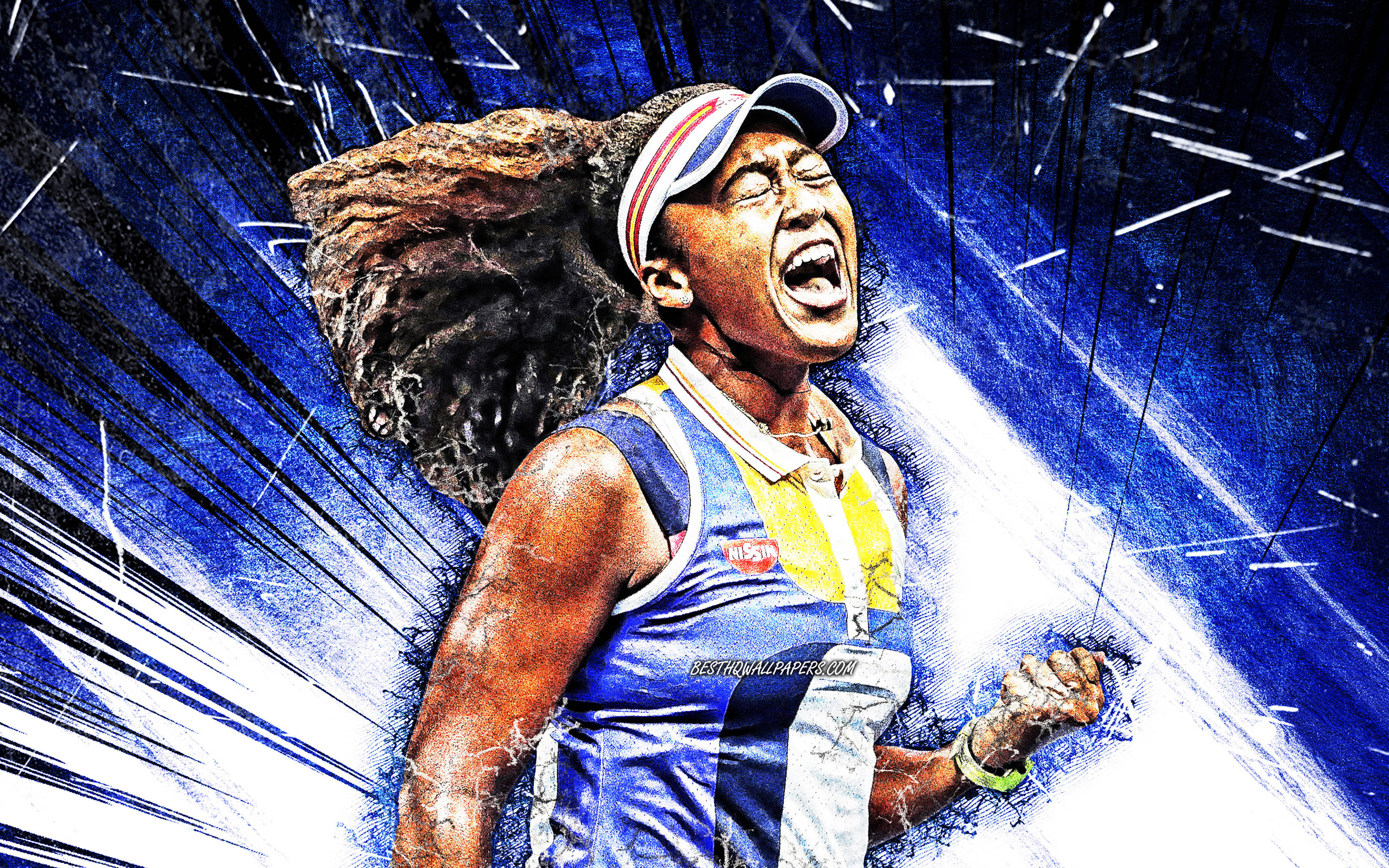 Naomi Osaka, tennis player, vibrant blue background, 4K Desktop Wallpaper