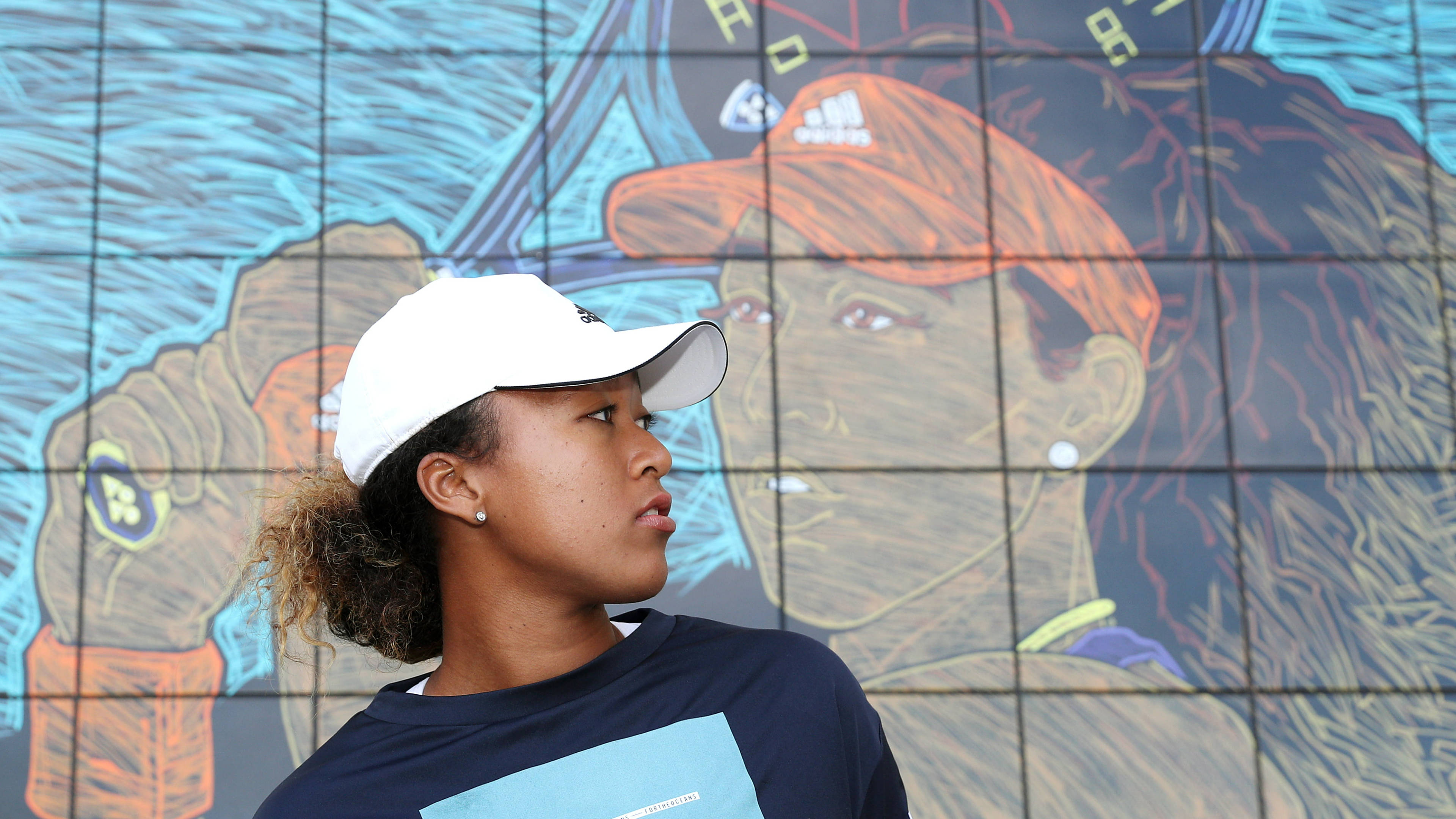 Naomi Osaka, white cap, vibrant tiled mural, 4K Desktop Wallpaper