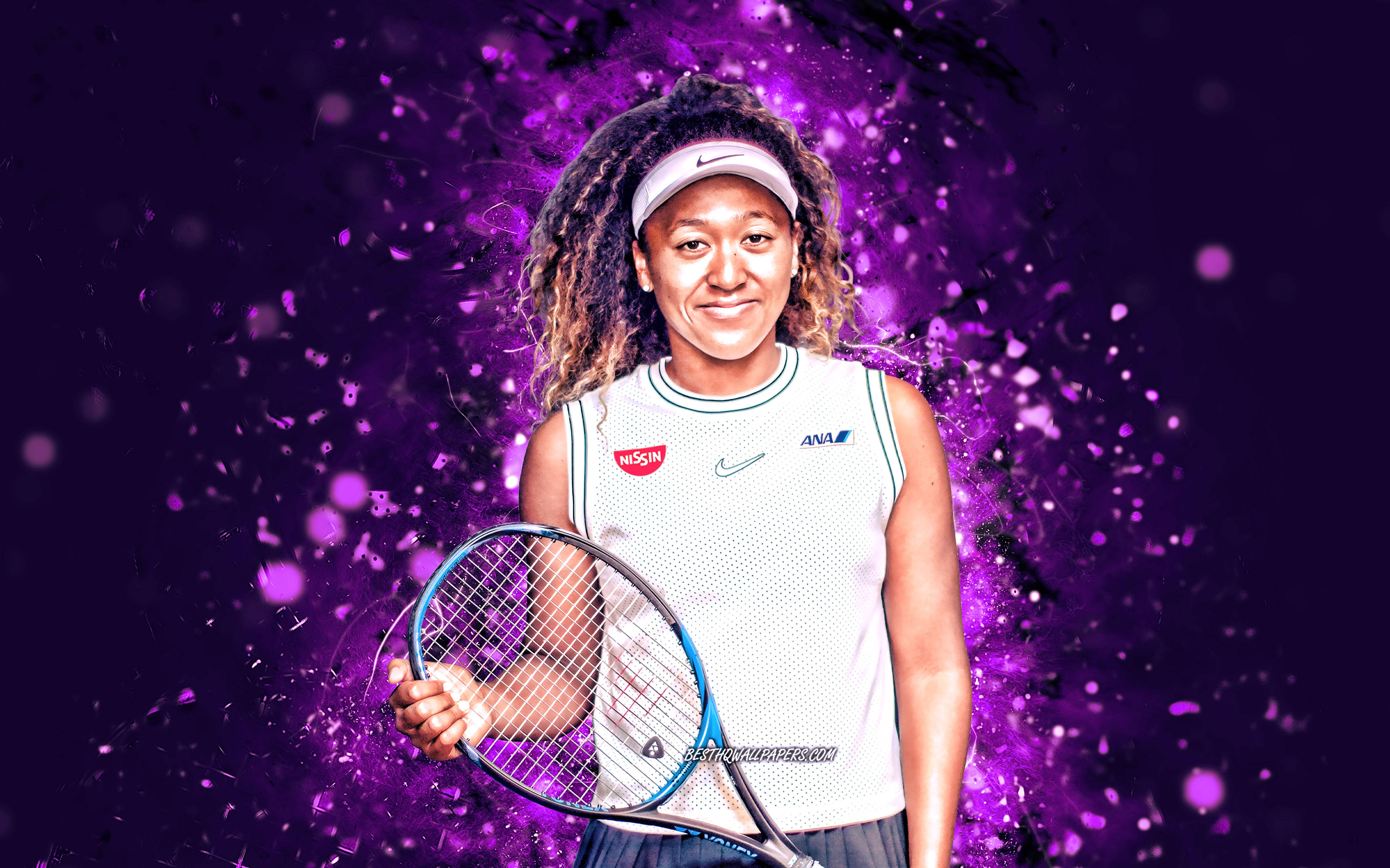 Naomi Osaka, purple neon, vibrant purple particle explosion, 4K Desktop Wallpaper